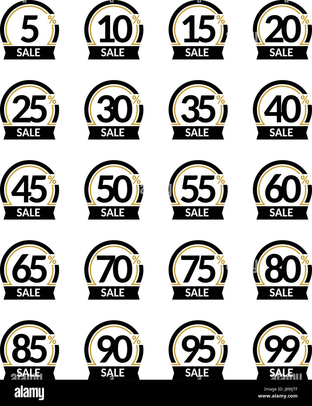 Vendita di pubblicità e lo sconto in percentuale di segno del vettore set. Promozione elegante logo design sotto il nero e oro arch con testo circa la percentuale di sconto su nastro. Illustrazione Vettoriale