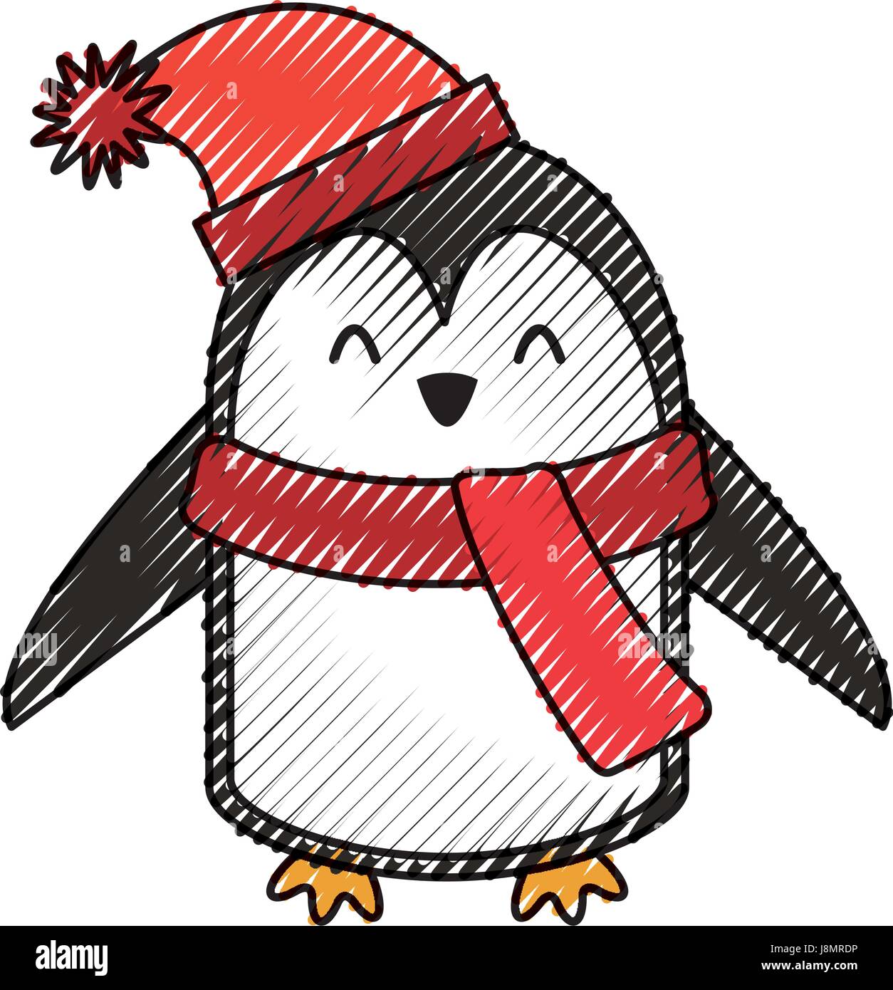 Carino scribble natale penguin cartoon Illustrazione Vettoriale