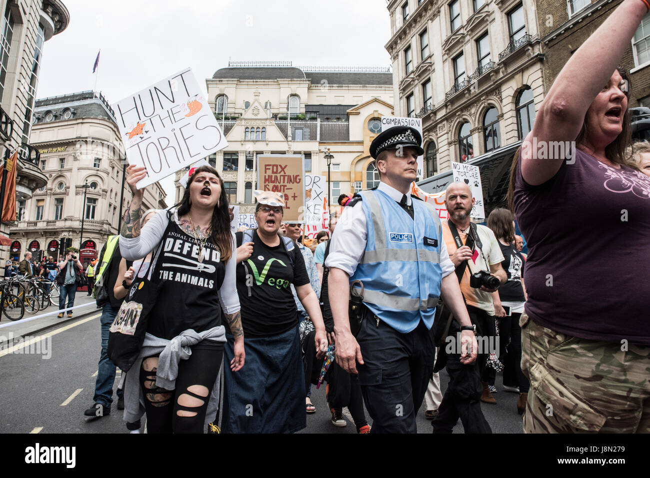 Anti-Fox-caccia marzo, 29 maggio 2017, Londra - gli ufficiali di polizia e le persone che stanno marciando verso il basso la strada. Credito: Anja Riedmann/Alamy Live News Foto Stock