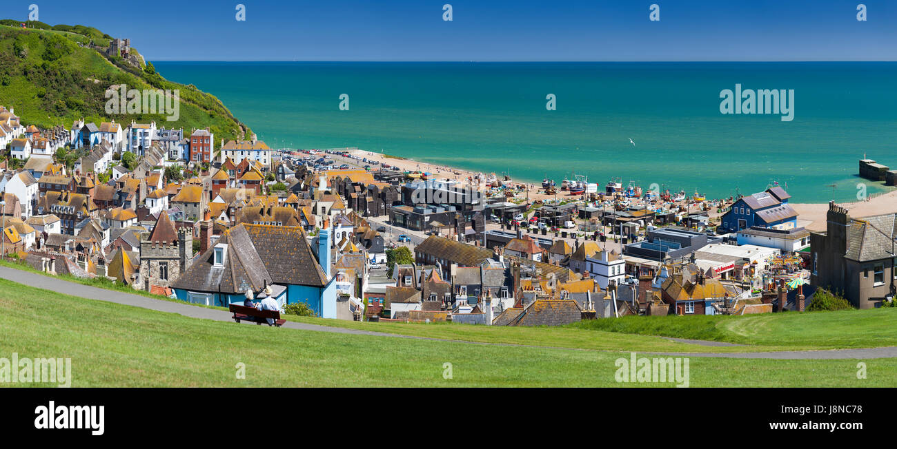 Hastings Old Town e Stade. Foto Stock