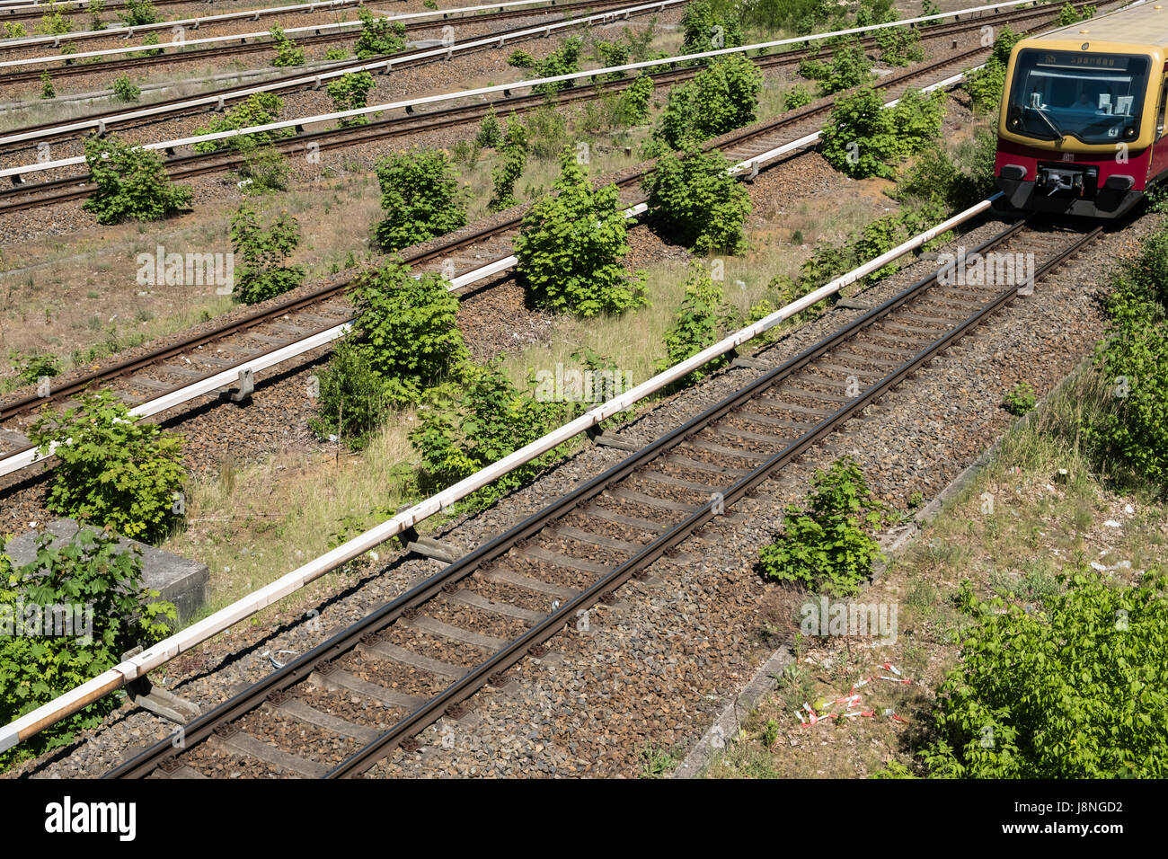 Berlino, Germania - 27 maggio 2017: S-Bahn treno sul multi-lane rail / rete ferroviaria a Berlino Olympiastadion ( Stadio Olimpico). Foto Stock