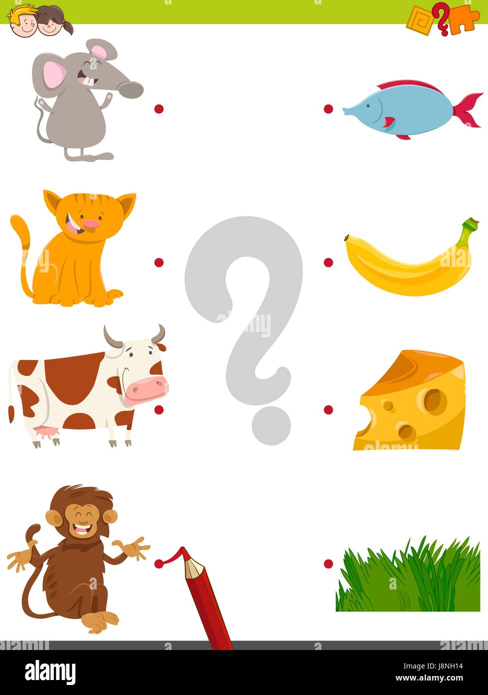 Cartoon illustrazione di immagini educativi attività corrispondente gioco per bambini con caratteri degli animali e il loro cibo preferito Illustrazione Vettoriale