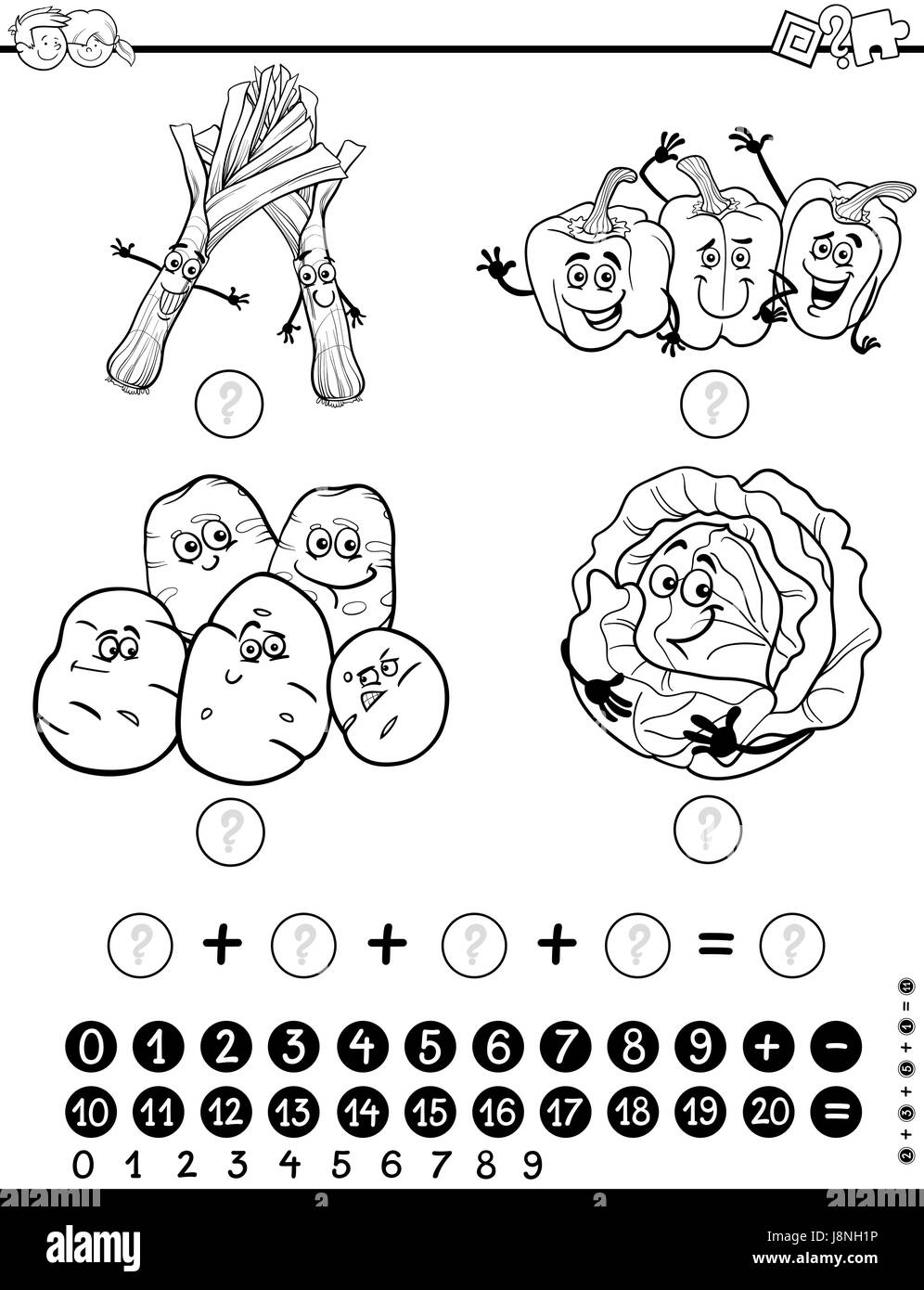 Bianco e Nero Cartoon illustrazione di Educational attività matematica gioco per bambini con gli oggetti alimentari vegetali colorazione Caratteri pagina Illustrazione Vettoriale
