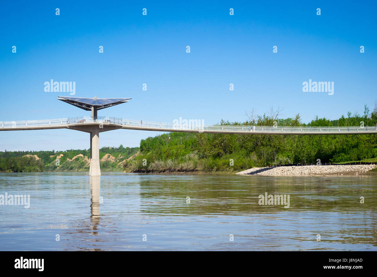 Una vista del parco terwillegar passerella, un nastro sottolineato ponte che attraversa il nord del Fiume Saskatchewan in Edmonton, Alberta, Canada. Foto Stock