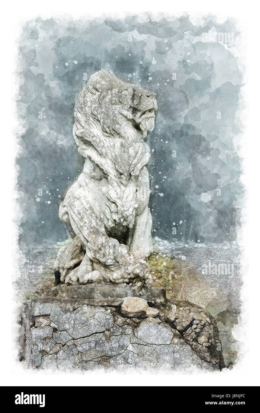 Schizzo architettonico scultura di un leone in un vecchio maniero nobile Foto Stock