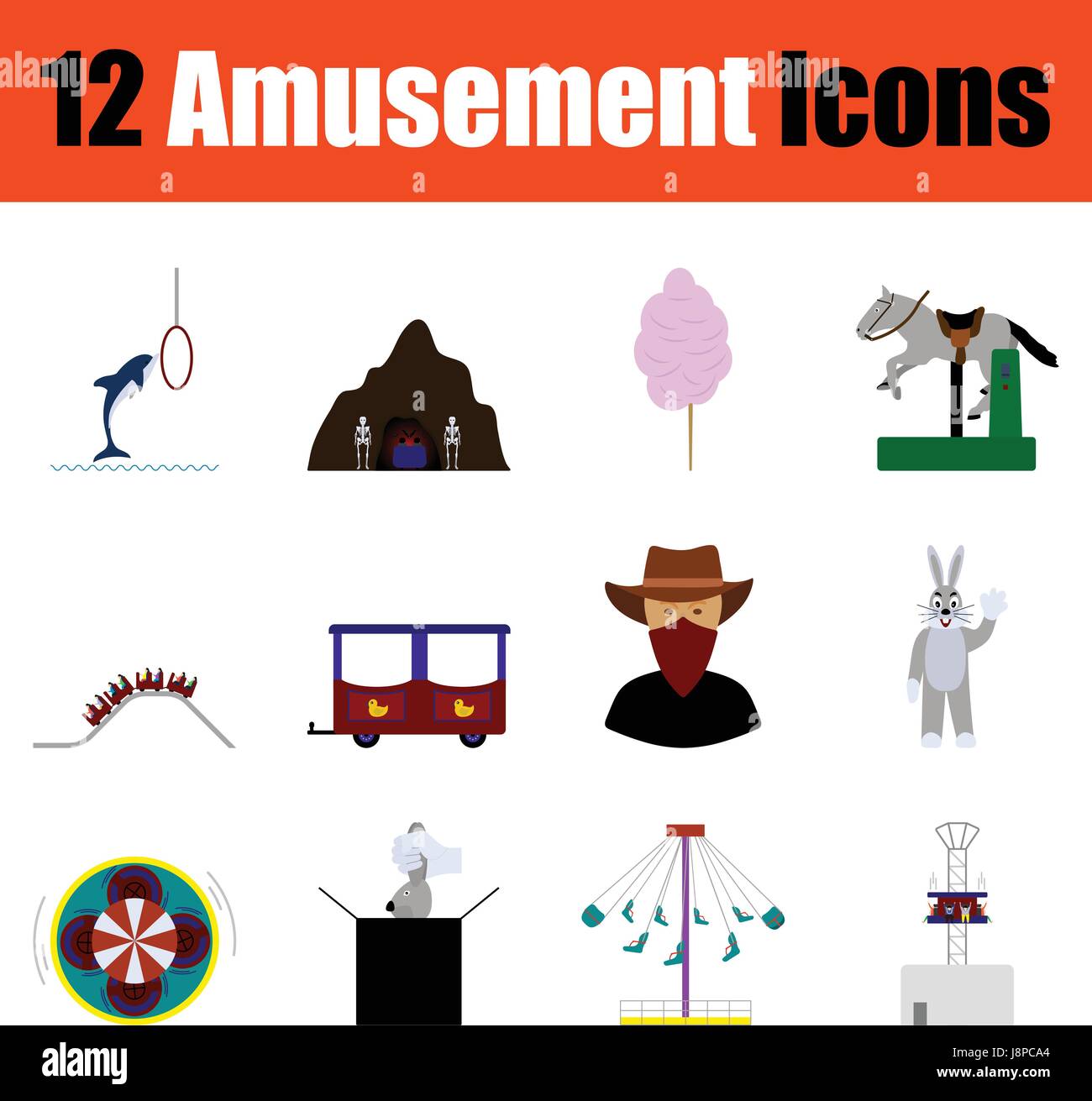 Design piatto parco divertimenti icona impostare nell'interfaccia utente a colori. Illustrazione Vettoriale. Illustrazione Vettoriale