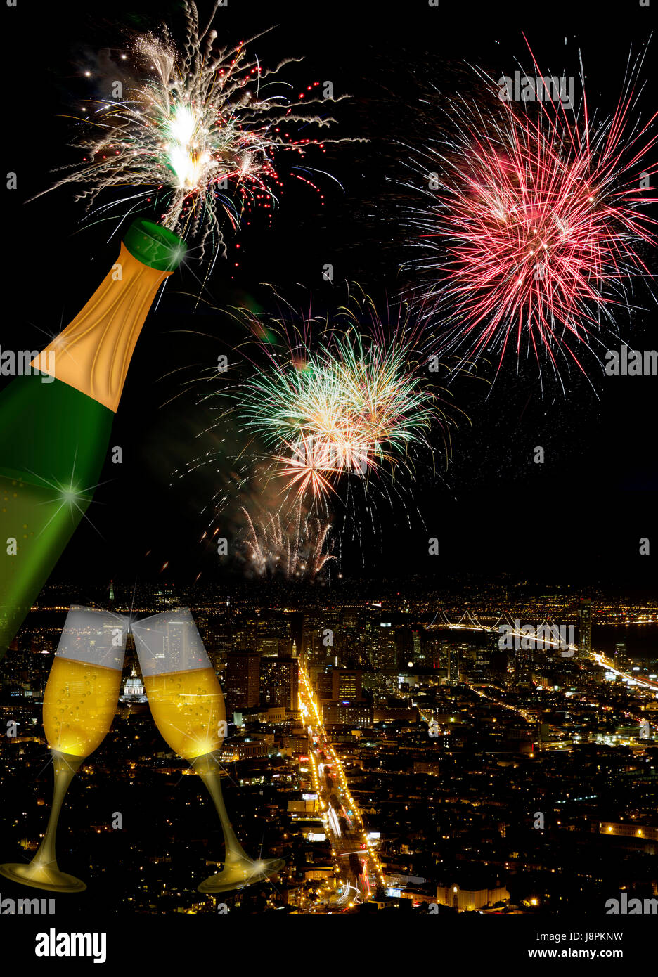 Città, paese, bottiglia di champagne, flauti, toast, fuochi d'artificio, fuochi d'artificio, vetro Foto Stock