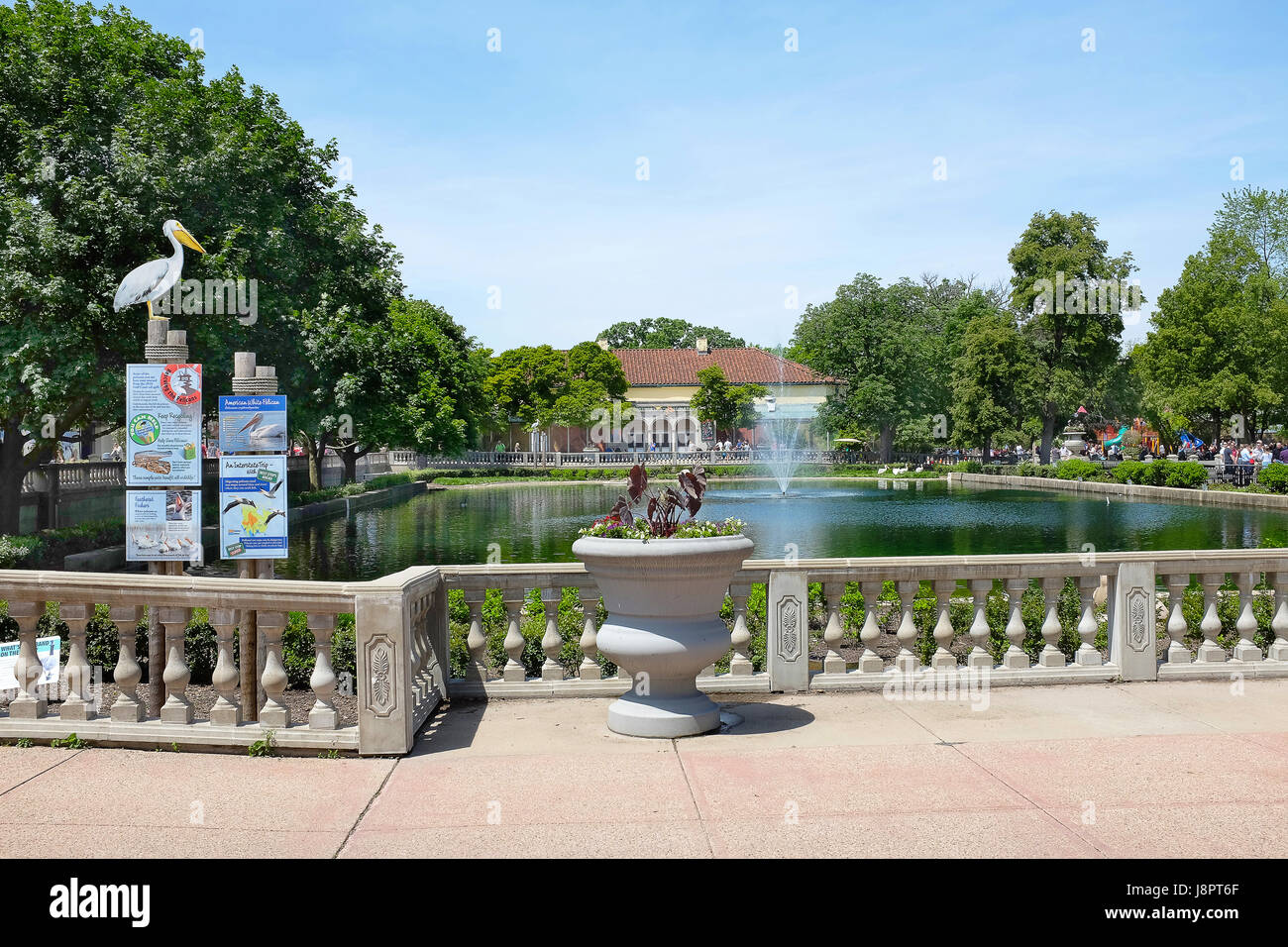 BROOKFIELD, Illinois - 27 Maggio 2017: piscina formale al Brookfield Zoo. Anatre e oche e pellicani frequenti la piscina tutto l'anno. Foto Stock