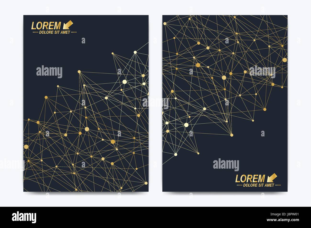 Template vettoriale per brochure, depliant, volantini, annunci pubblicitari e coperchio, catalogo, poster, riviste o relazione annuale. Sfondo geometrico molecola. Golden punti cibernetica comunicazione.plesso linee. Superficie della scheda Illustrazione Vettoriale