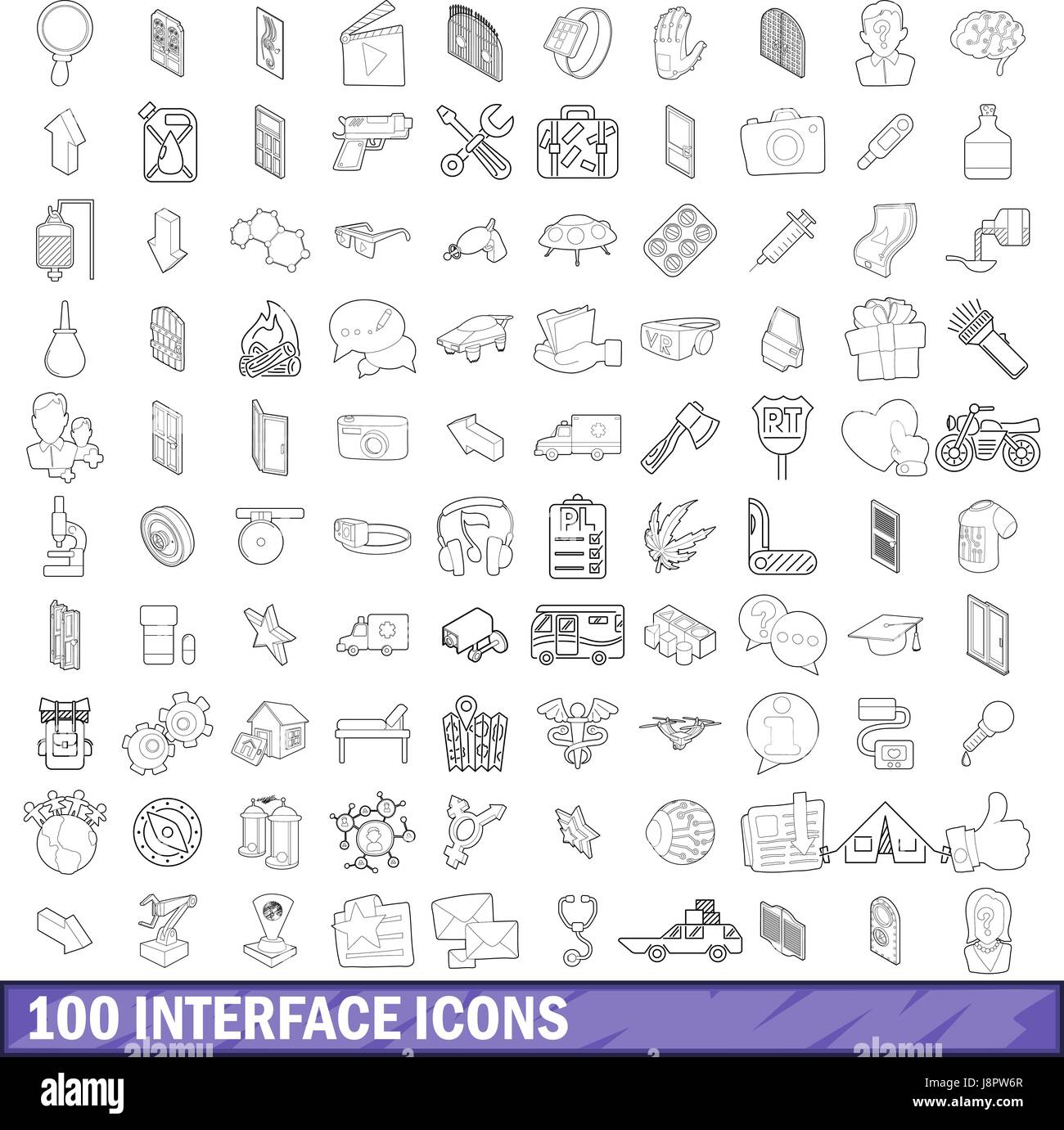 Interfaccia 100 set di icone di stile di contorno Illustrazione Vettoriale
