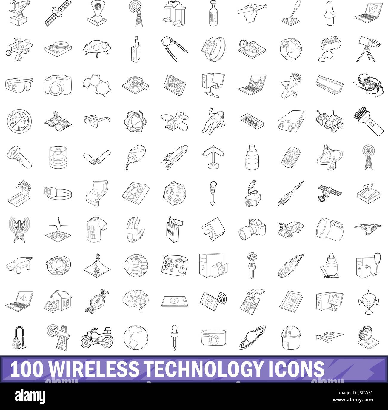 100 Tecnologia wireless set di icone di stile di contorno Illustrazione Vettoriale