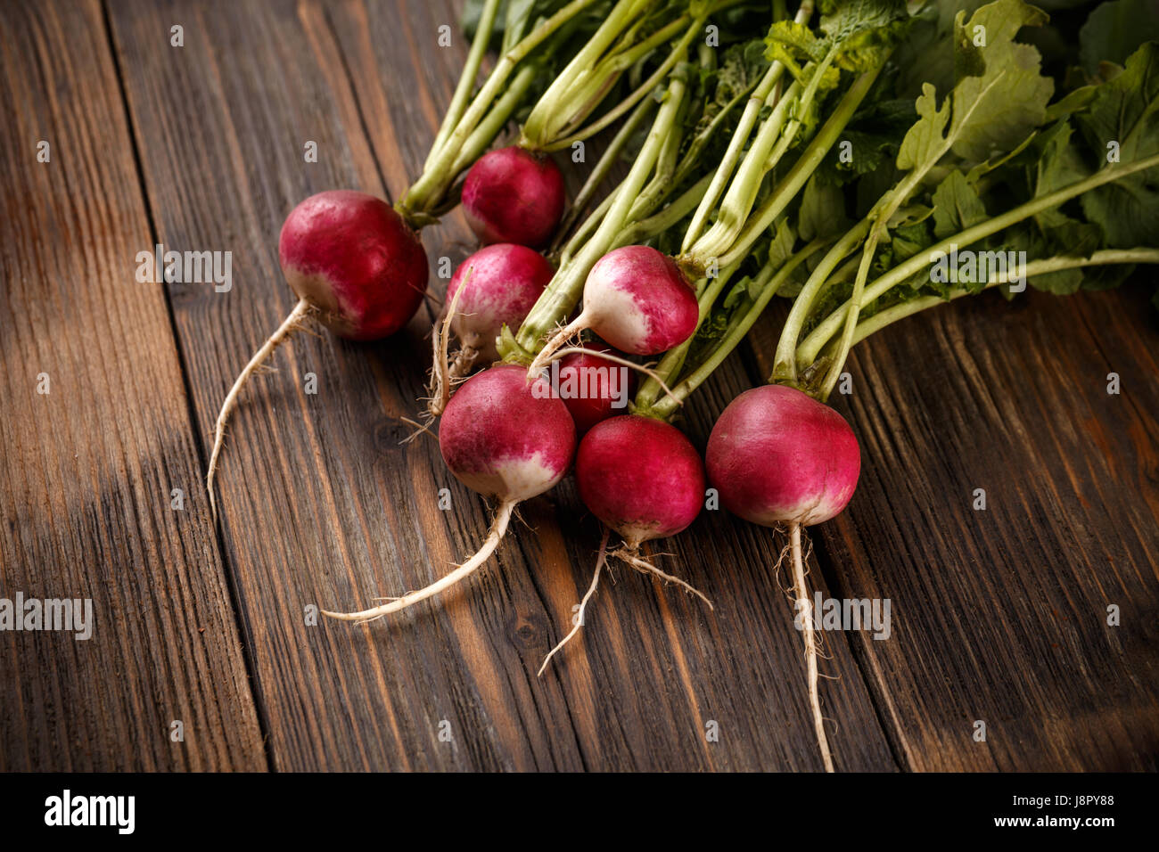 Mazzetto di freschi ravanelli con foglie sul pannello di legno Foto Stock