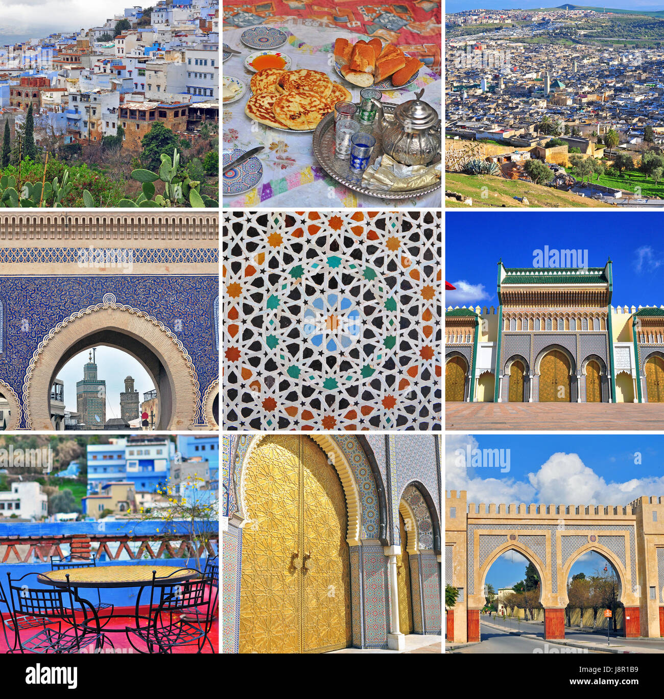 Il Marocco collage di viaggio. Set di immagini colorate dal FES e Chefchaouen Foto Stock