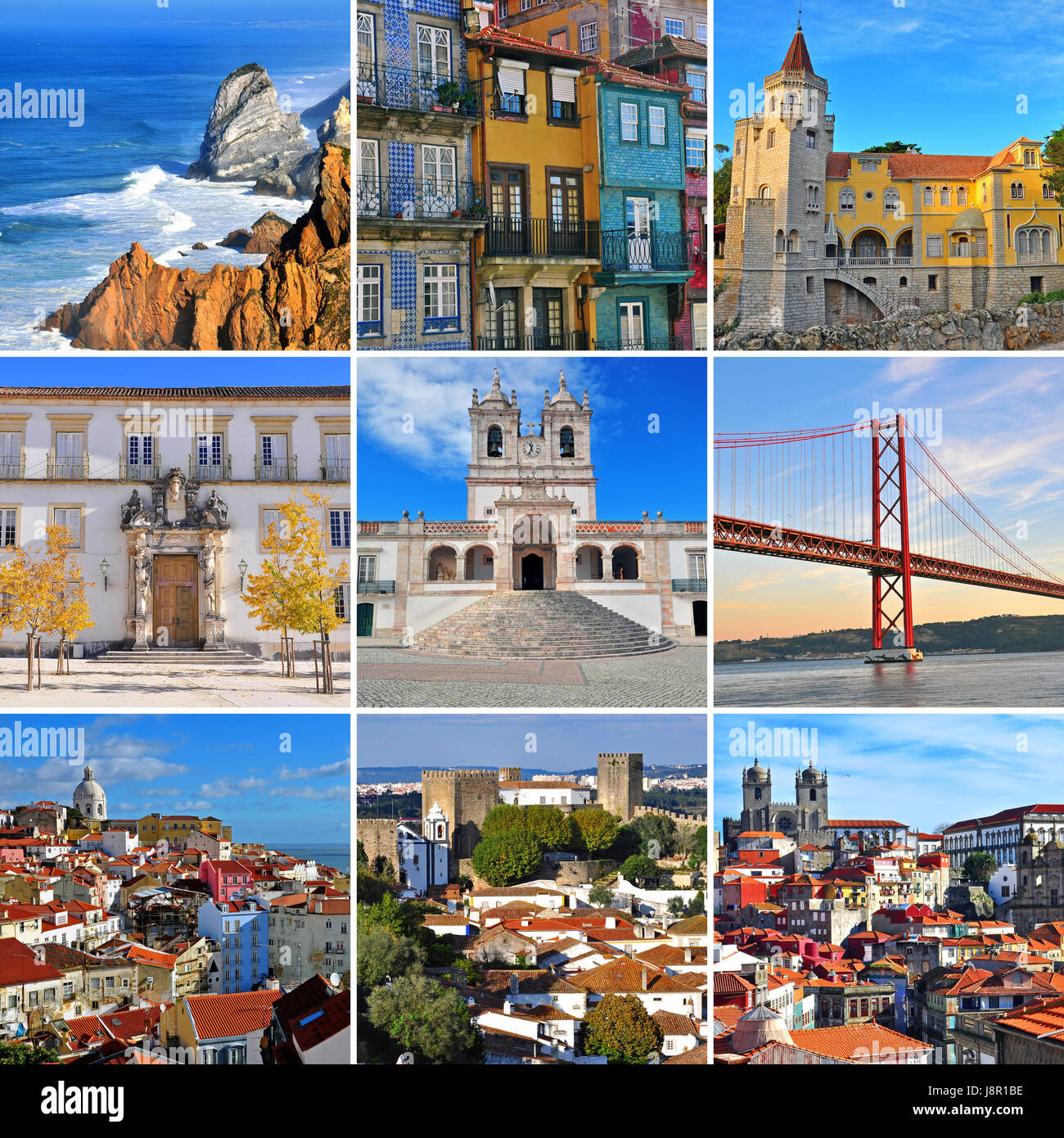 Il Portogallo collage di viaggio. Selezione delle città turistiche e dei  punti di riferimento: Lisbona, Porto (Porto), Coimbra, Cascais, Obidos,  Nazare e Cabo da Roca Foto stock - Alamy