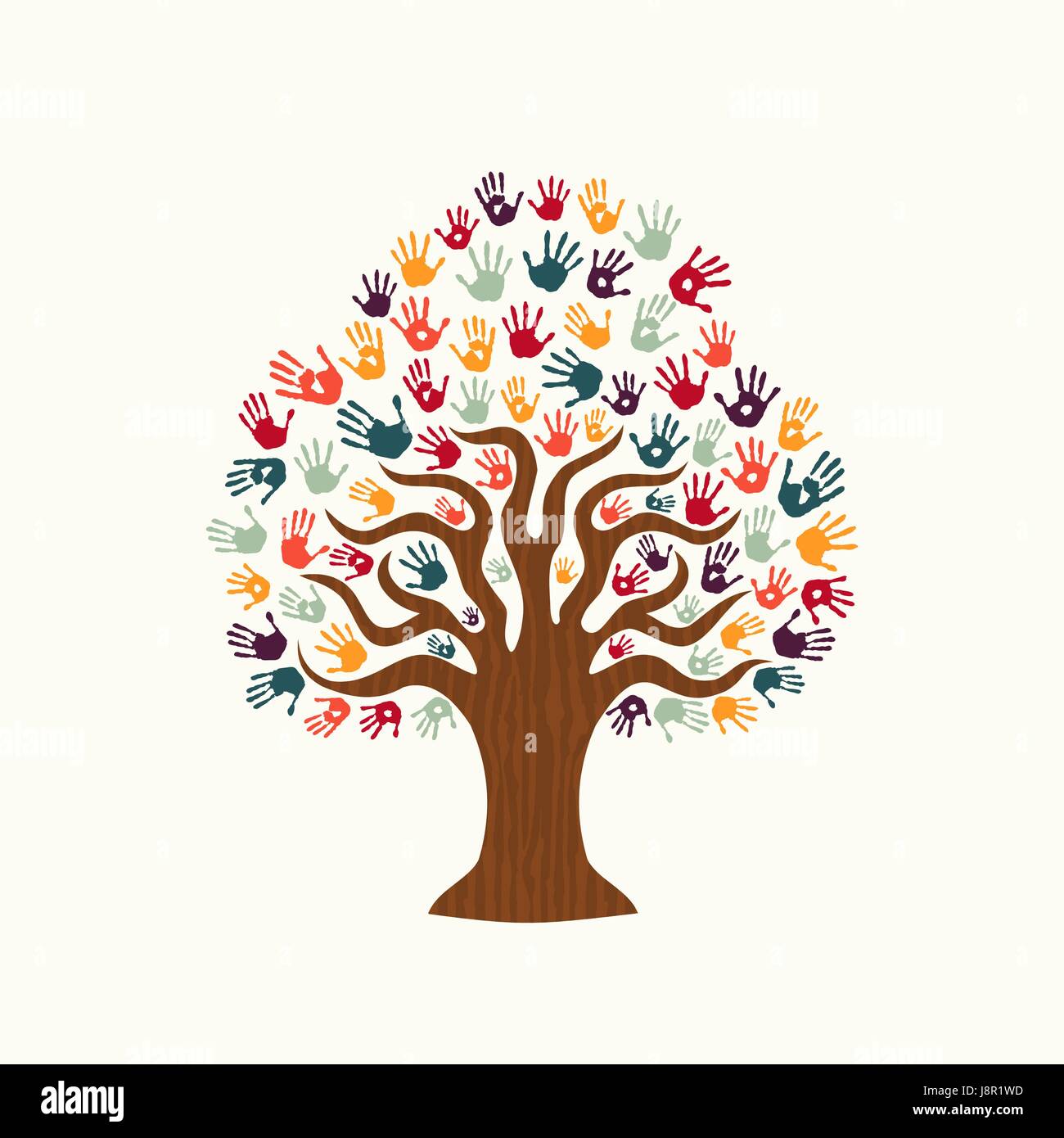 Tree mani di colorate diverse comunità. Illustrazione isolato per aiuto sociale concetto, la carità o gruppo di lavoro. EPS10 vettore. Illustrazione Vettoriale