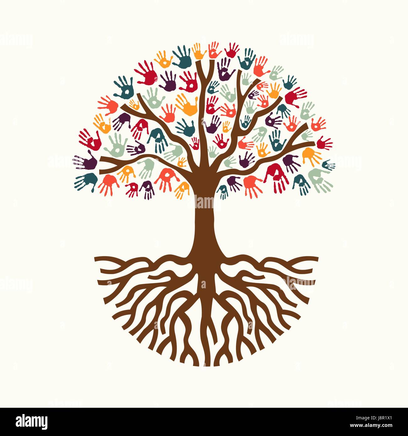 Tree mani di colorate diverse comunità con grosse radici. Concetto isolato illustrazione per aiuto sociale concetto, la carità o gruppo di lavoro. EPS10 vettore. Illustrazione Vettoriale