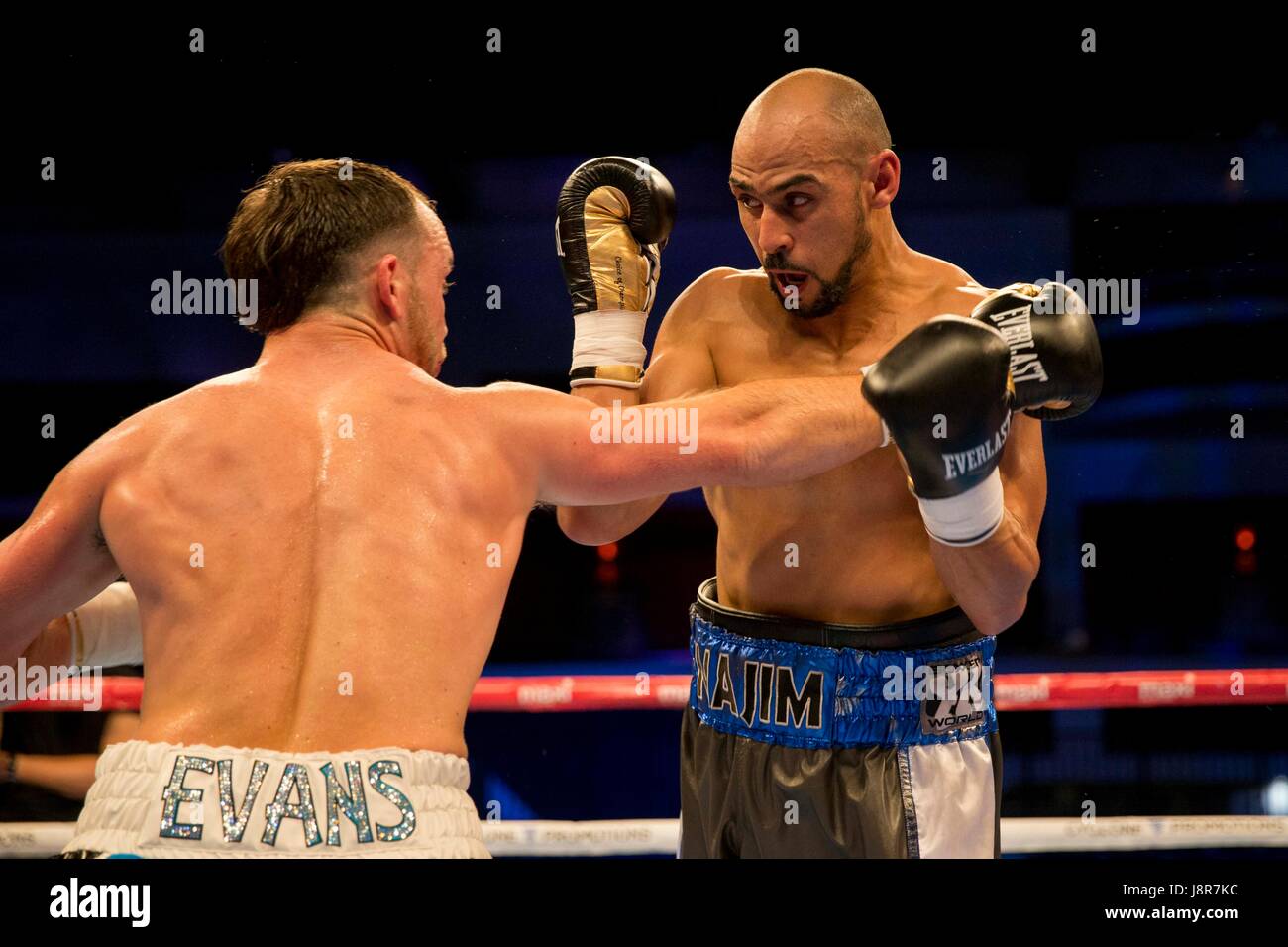 Cardiff Wales, Regno Unito, 26 maggio 2017. Super Welterweight Contest tra Fred Evans (sinistra) e Najim Fennane alla Motorpoint Arena. Foto Stock