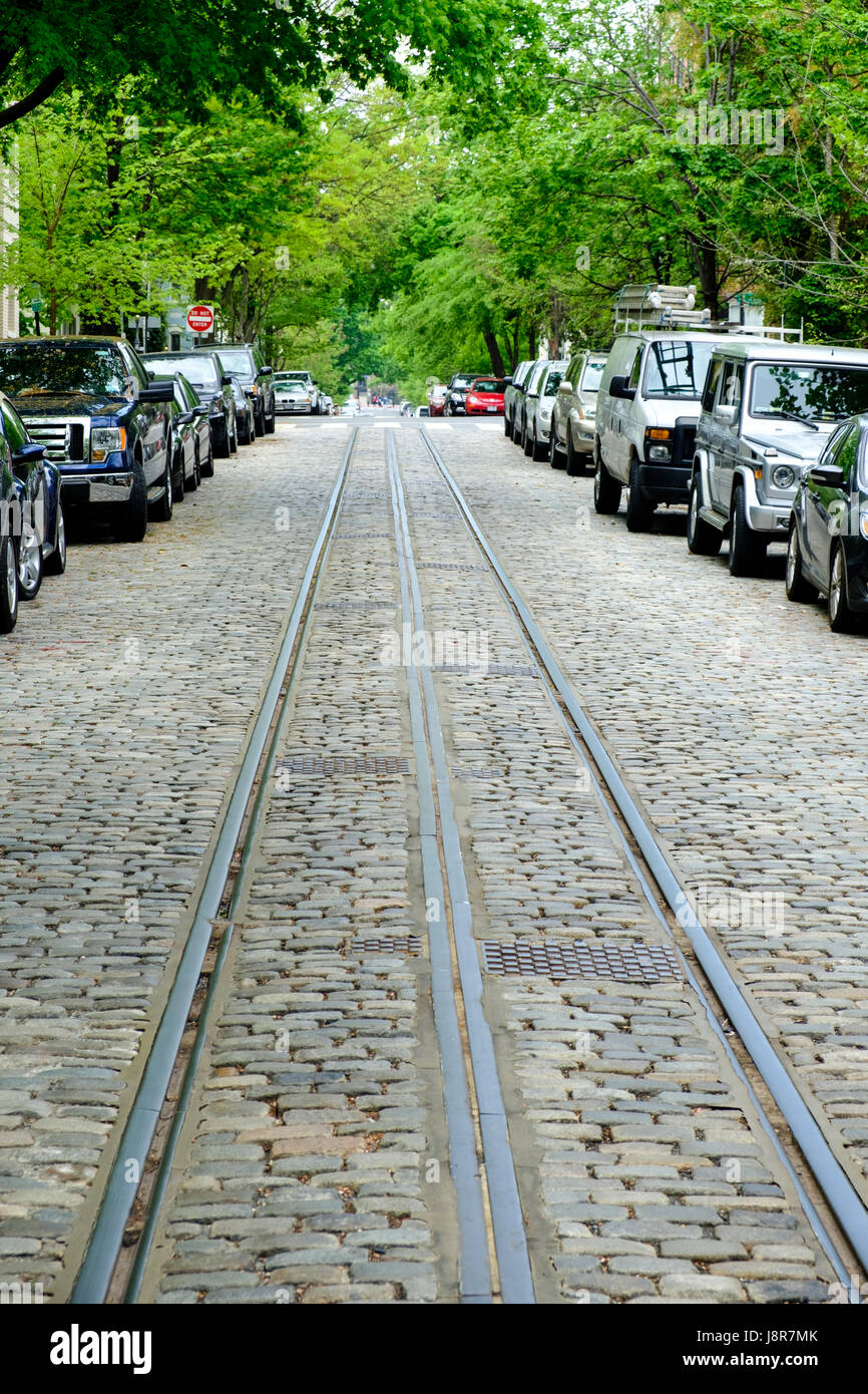 O St NW, una strada di ciottoli di Georgetown, Washington D.C., USA Foto Stock