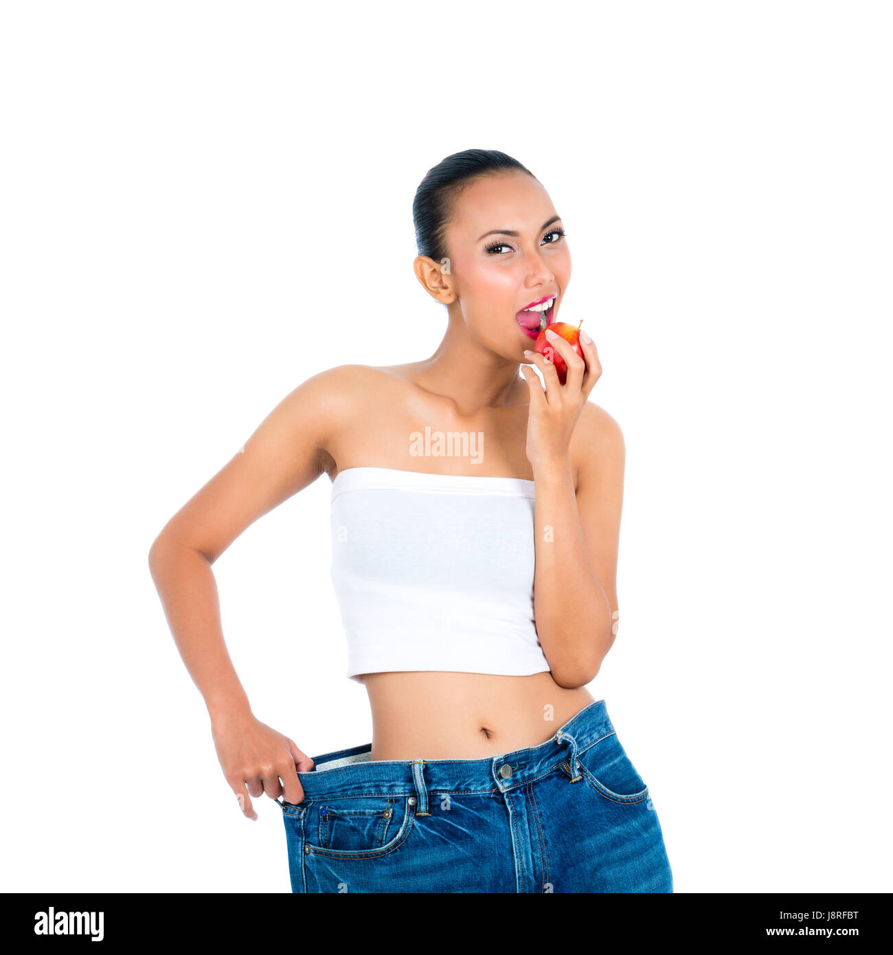 Donna asiatica di perdere peso con la dieta Foto Stock