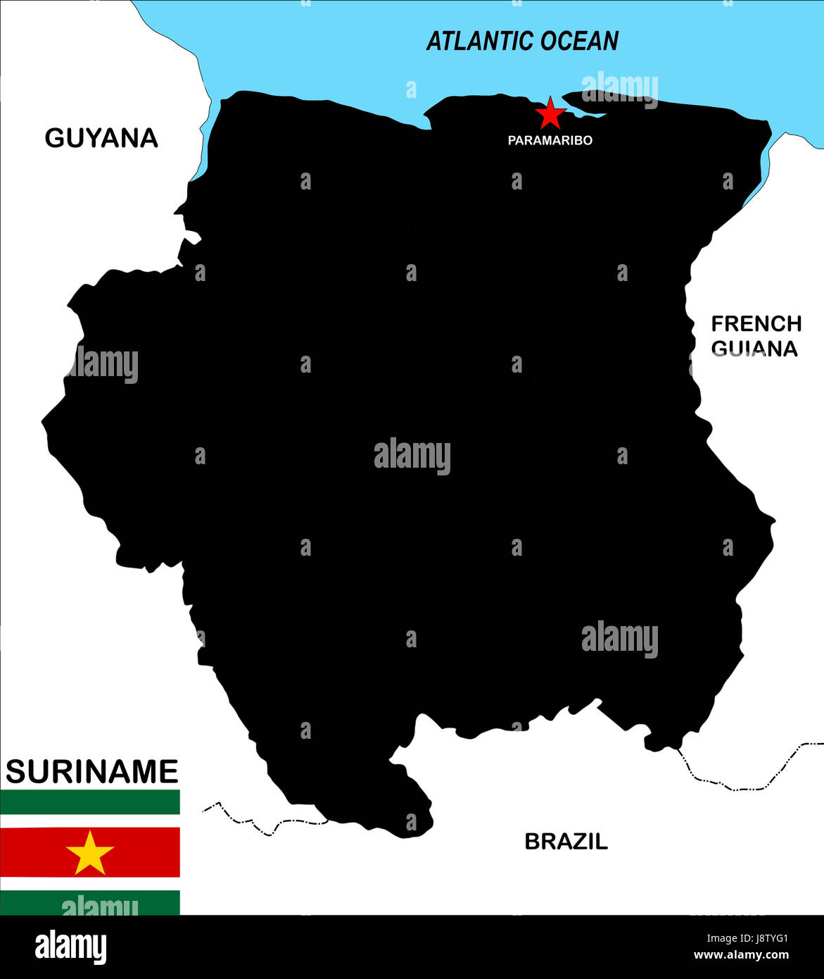Il suriname, mappa, Atlas, mappa del mondo politico, bandiera, paese, Globe, Foto Stock