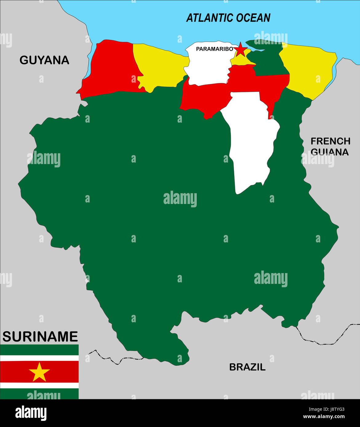Il suriname, mappa, Atlas, mappa del mondo politico, bandiera, paese, Globe, Foto Stock