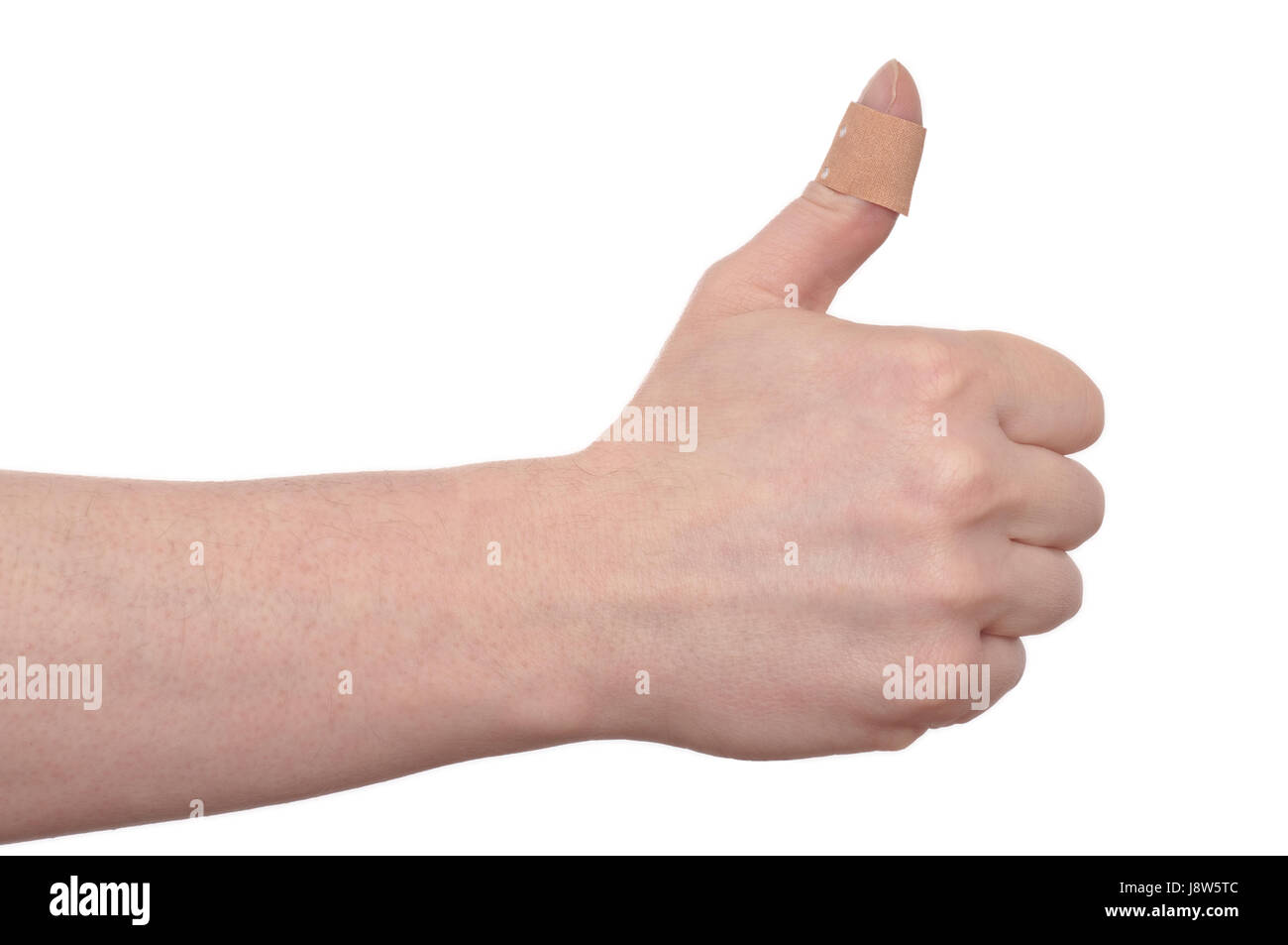 Mano, convalescenza, gesto, segnale di mano, cerotto adesivo, braccio, uomo, pollici, Foto Stock