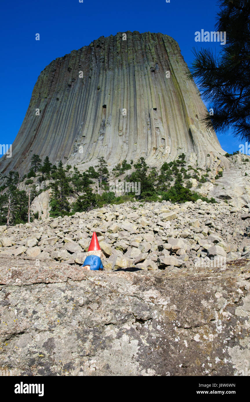 Gnomo da giardino in piedi alla base del diavolo Torre del monumento nazionale, Wyoming USA Foto Stock
