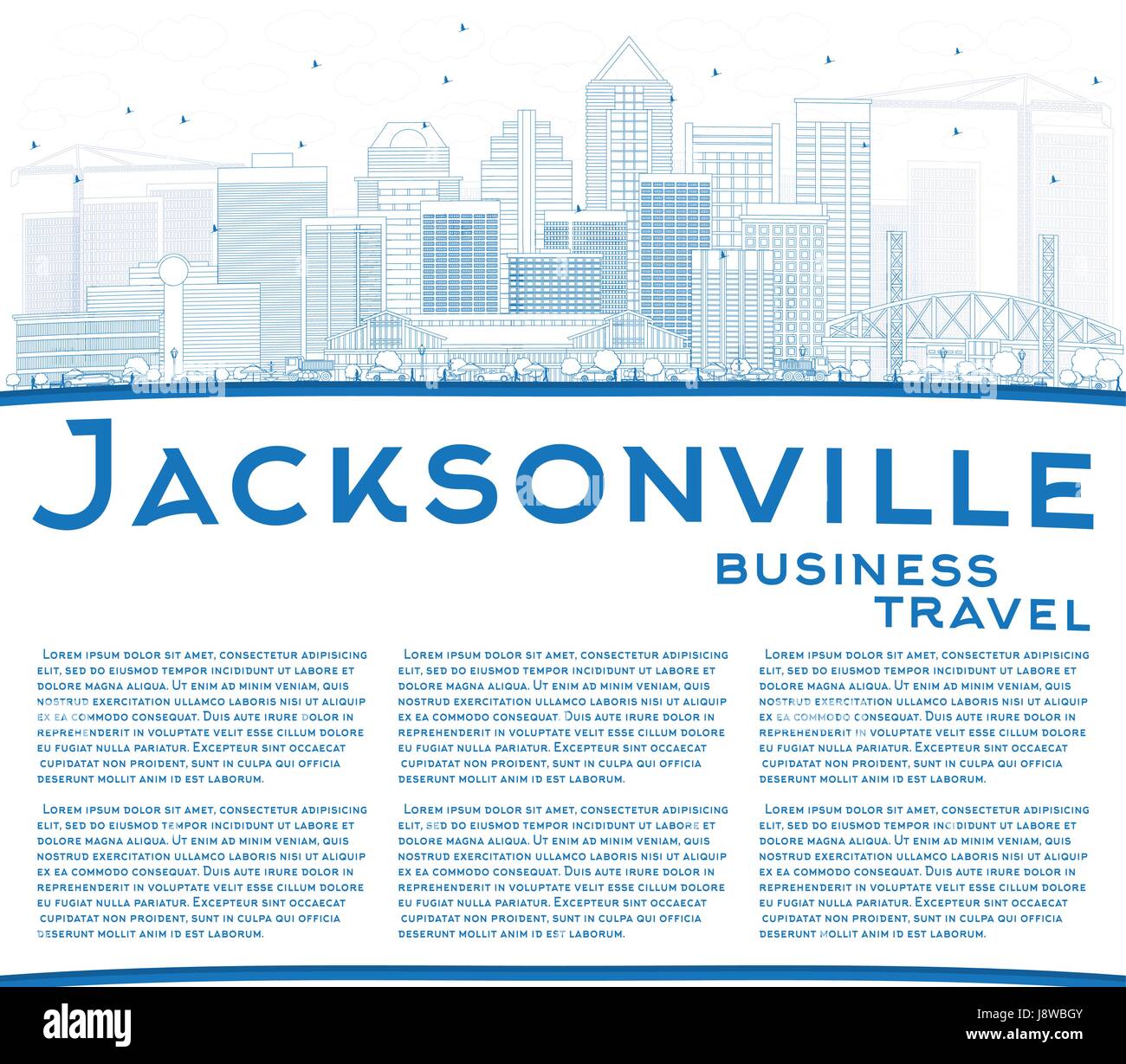 Delineare Jacksonville Skyline con edifici blu e copia di spazio. Illustrazione Vettoriale. Viaggi di affari e di turismo con il concetto di architettura moderna. Illustrazione Vettoriale