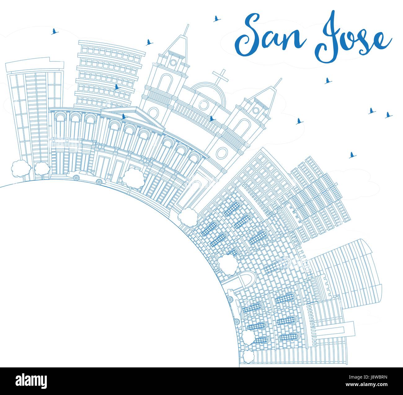 Profilo San Jose Skyline con edifici blu e copia di spazio. Illustrazione Vettoriale. Viaggi di affari e di turismo con il concetto di architettura moderna. Illustrazione Vettoriale