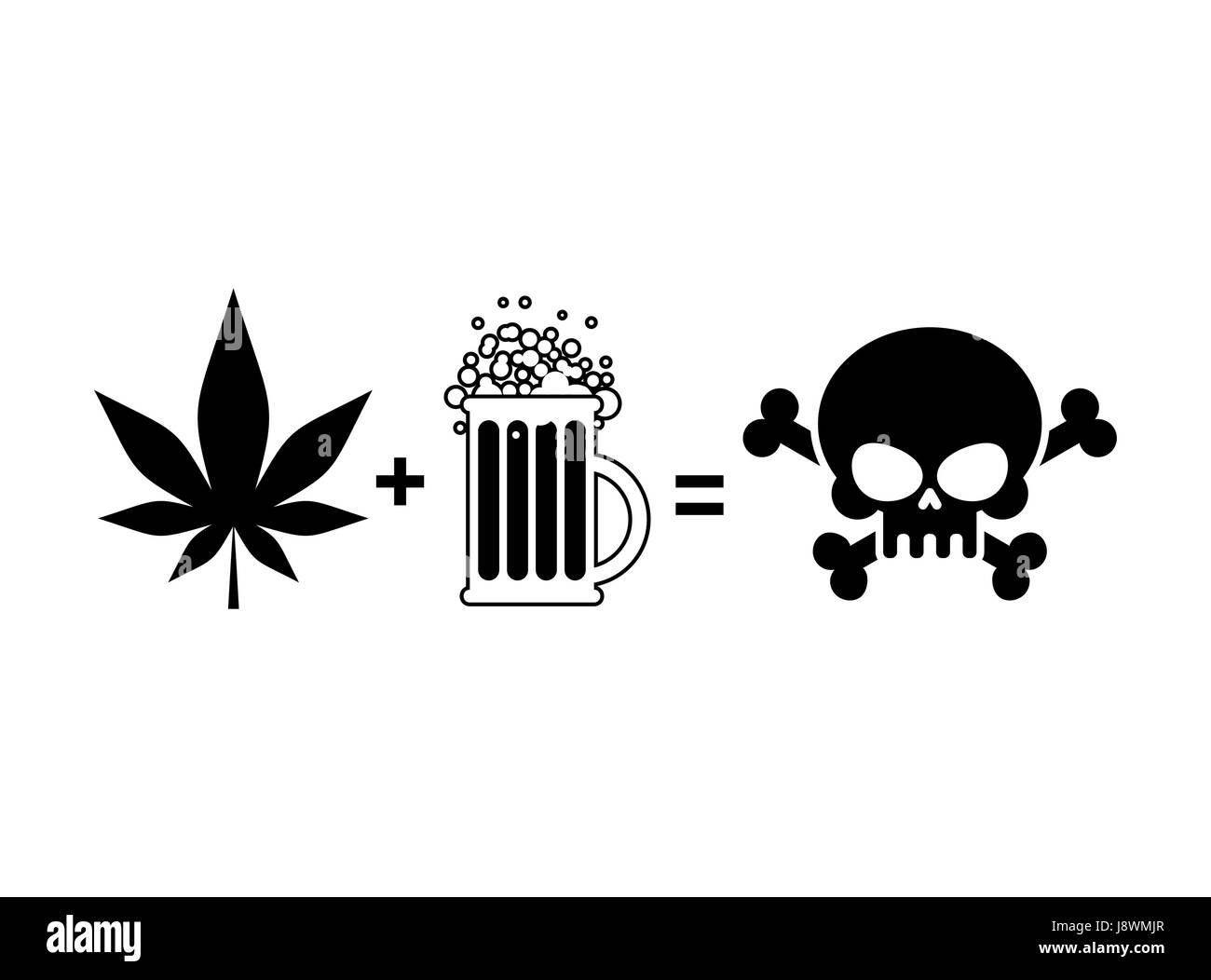 Alcol e droga è la morte. Boccale di birra e foglia di marijuana è uguale al cranio e crossbones, simbolo fine vita Illustrazione Vettoriale