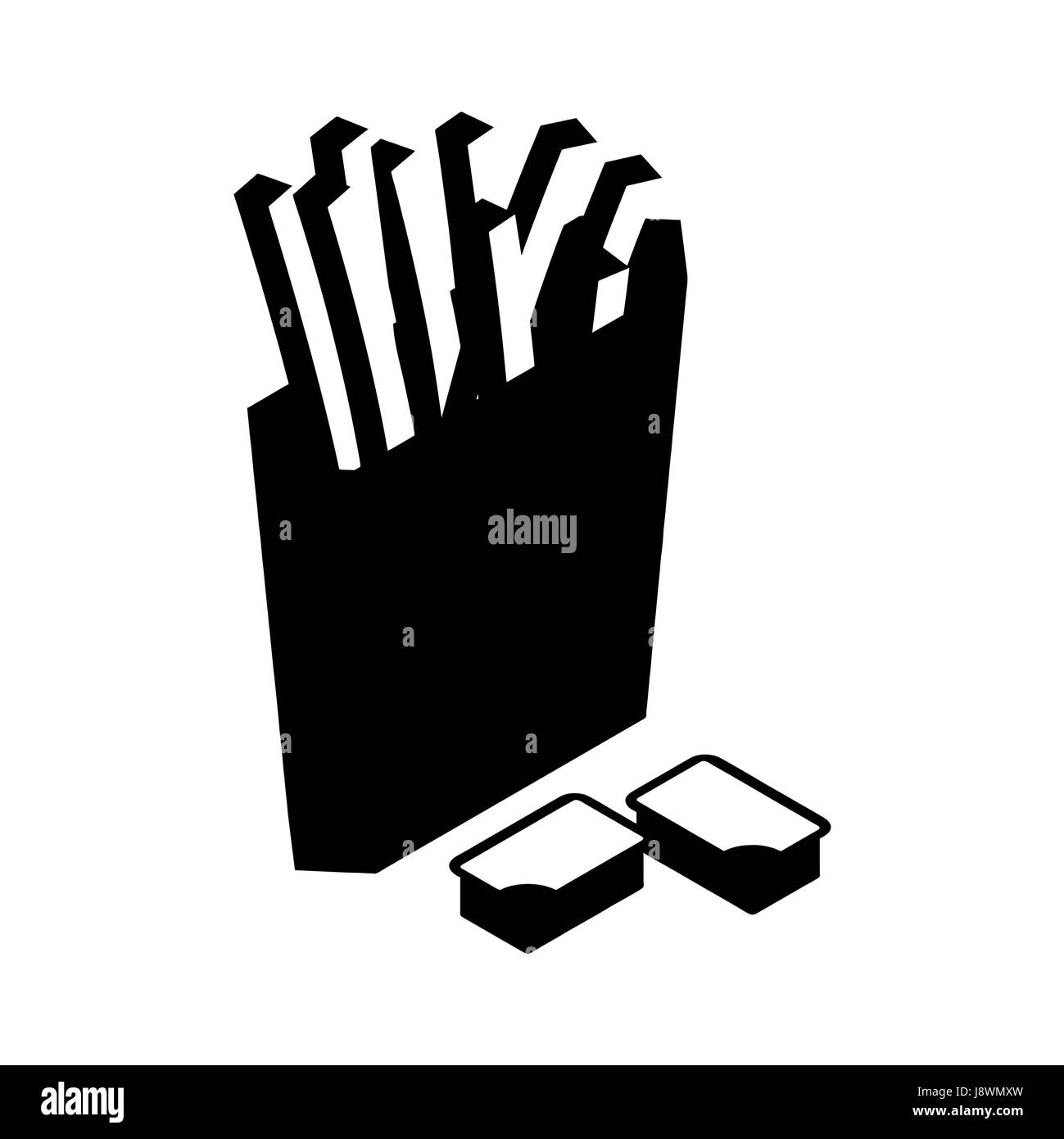 Le patatine fritte in box carta silhouette. Impostare salse: salsa al formaggio e ketchup. Il fast food in stile piatto Illustrazione Vettoriale