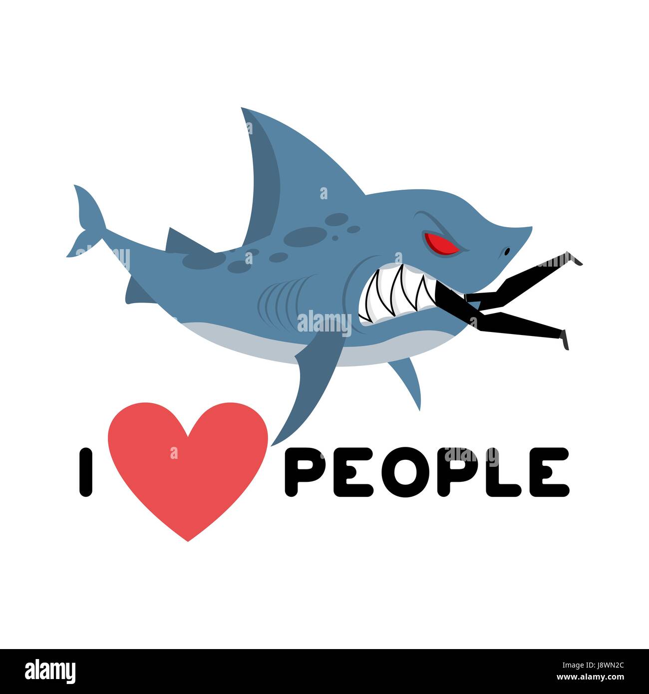 Io amo le persone. Shark mangia l'uomo. Mare selvaggio predatore e maschio. Mi piace mangiare le persone. Cuore e animali marini Illustrazione Vettoriale