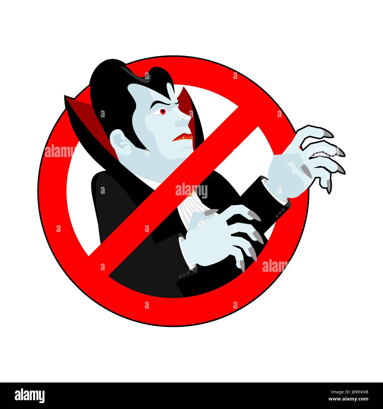 Arrestare vampiro. È vietato bere sangue. Attraversata la silhouette di Dracula. Emblema contro succhiasangue. Rosso segno di divieto. Divieto vampiri Illustrazione Vettoriale