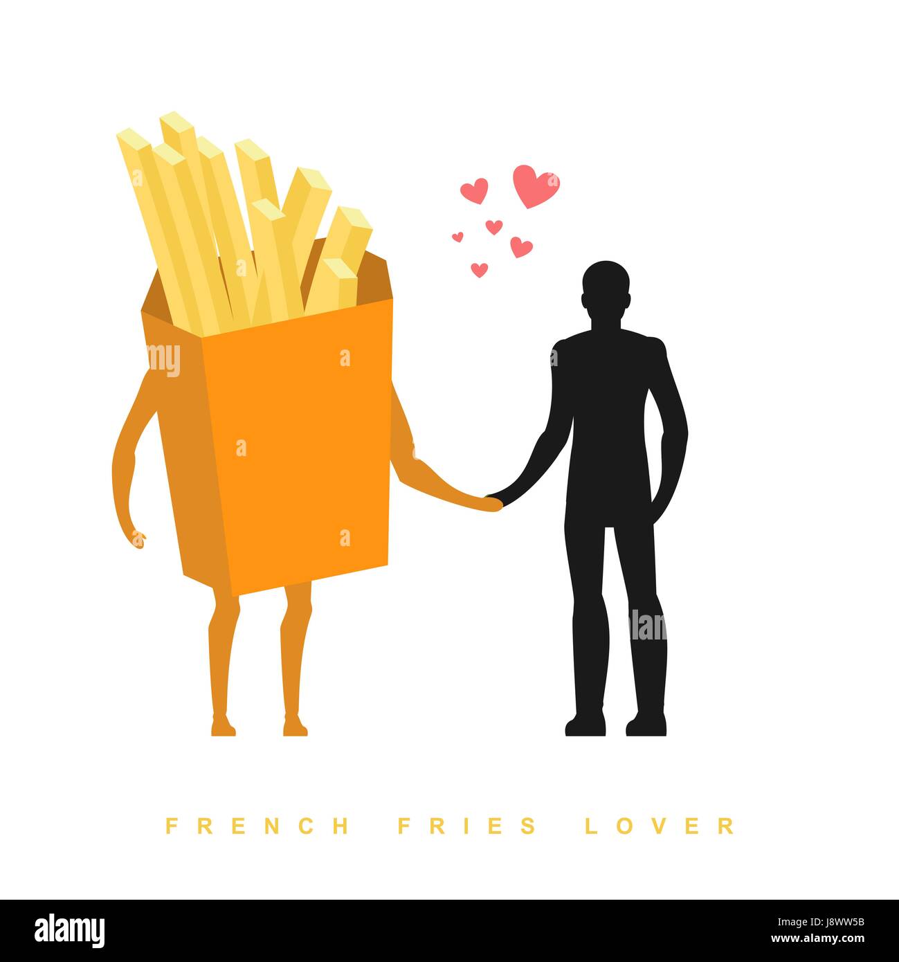 Amante patatine fritte. In amore con il cibo. Uomo e un fast food. Gli amanti tenendo le mani. Illustrazione romantica carne Illustrazione Vettoriale