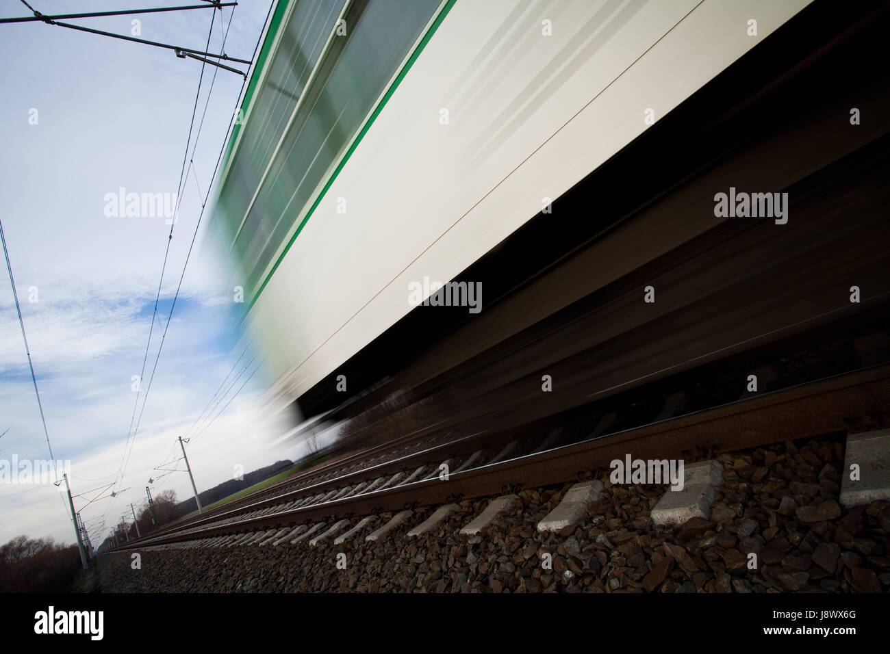 Dalla stazione ferroviaria, locomotiva, treno, motore, materiale rotabile, veicolo, mezzi di viaggio, Foto Stock