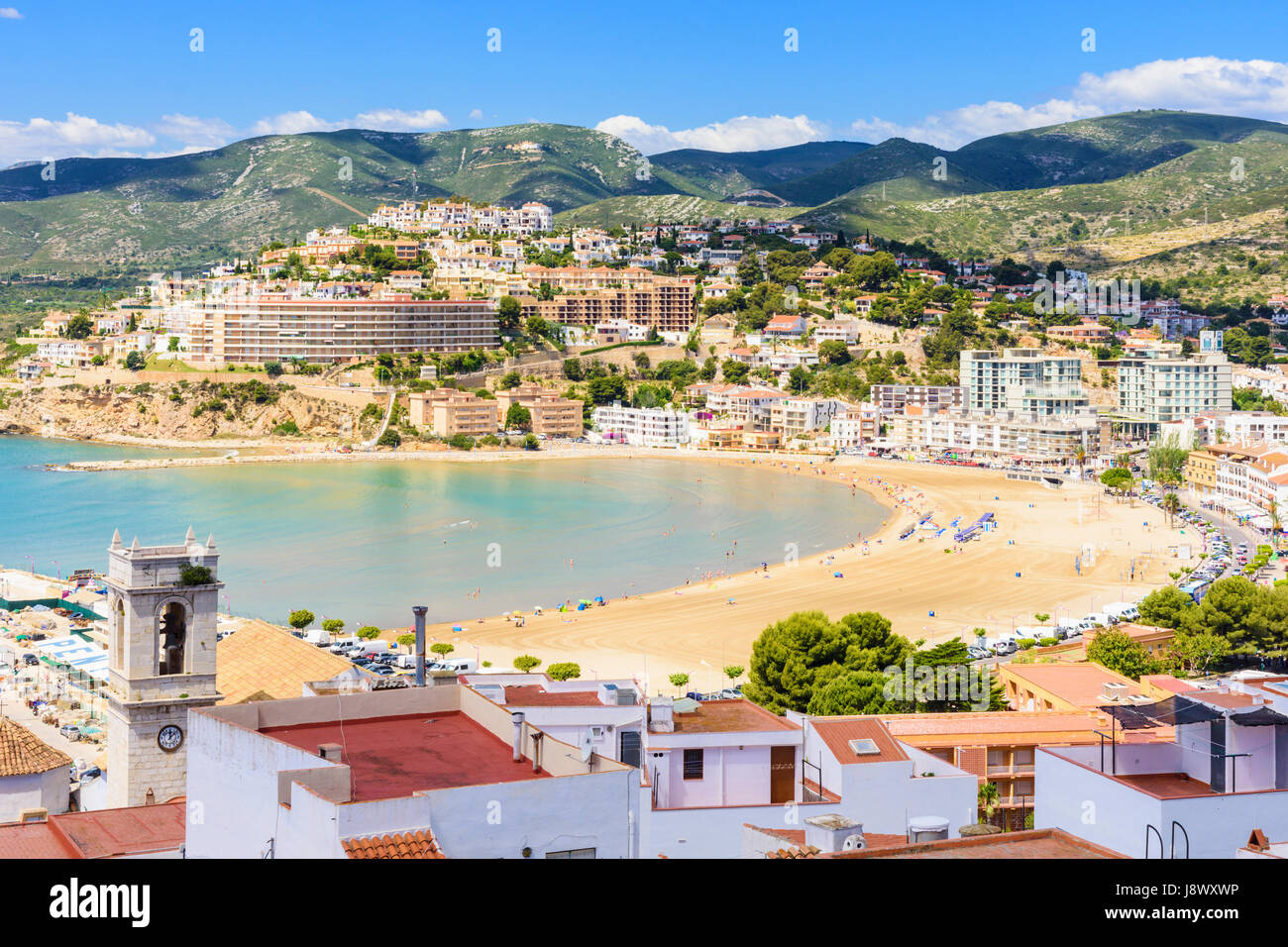 Uccelli-eye di Playa Sur e la costa di Peniscola, Spagna Foto Stock