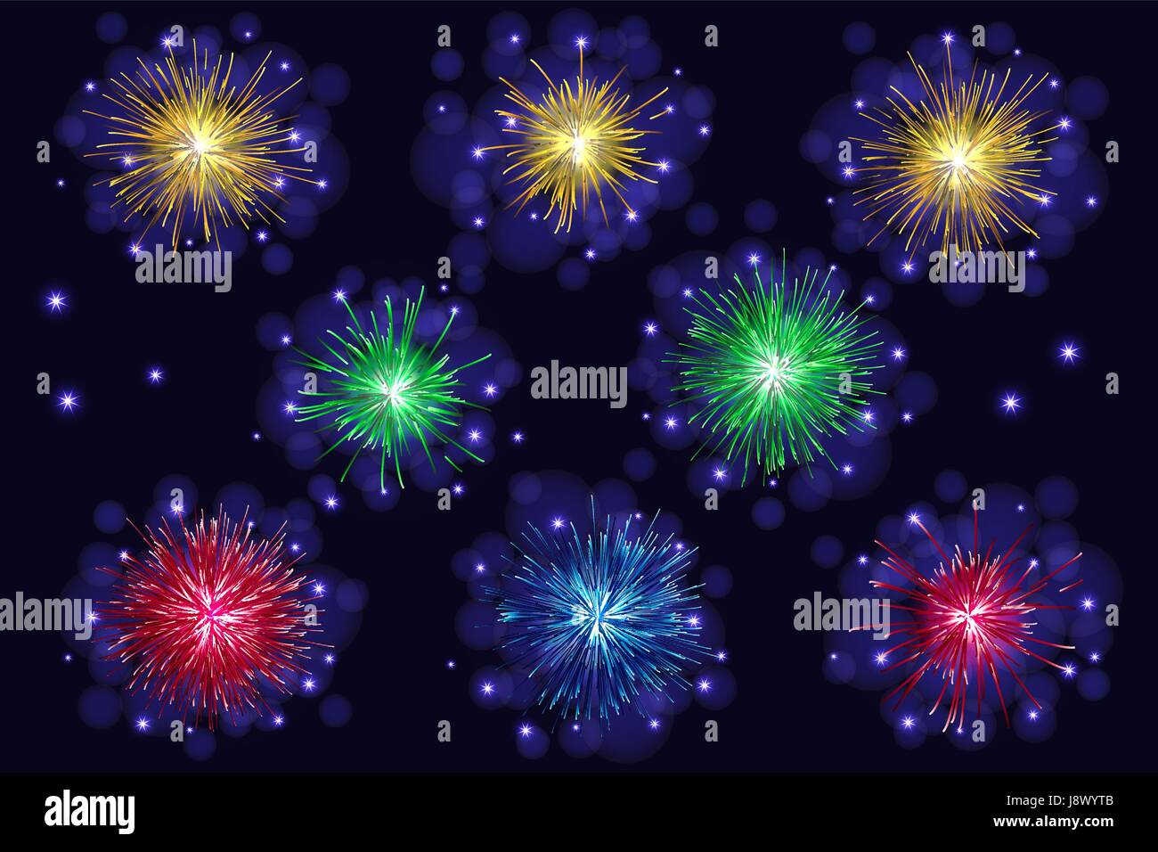 Set di festa multicolore vettore spumante fuochi d'artificio. Il 4 luglio il giorno di indipendenza, le vacanze di capodanno sfondo. Illustrazione Vettoriale