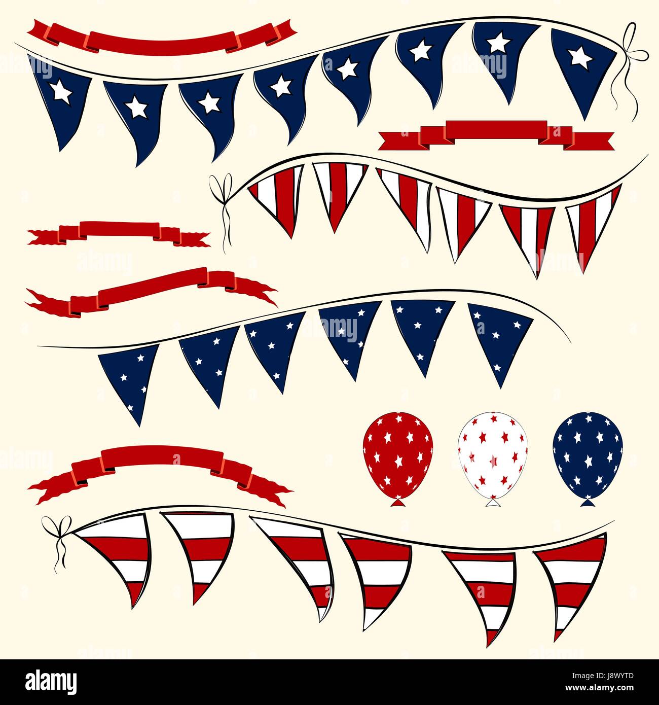 Set di indipendenza patriottica giorno bunting, palloncini e nastri. American 4 Luglio gli elementi del vettore per i banner Illustrazione Vettoriale