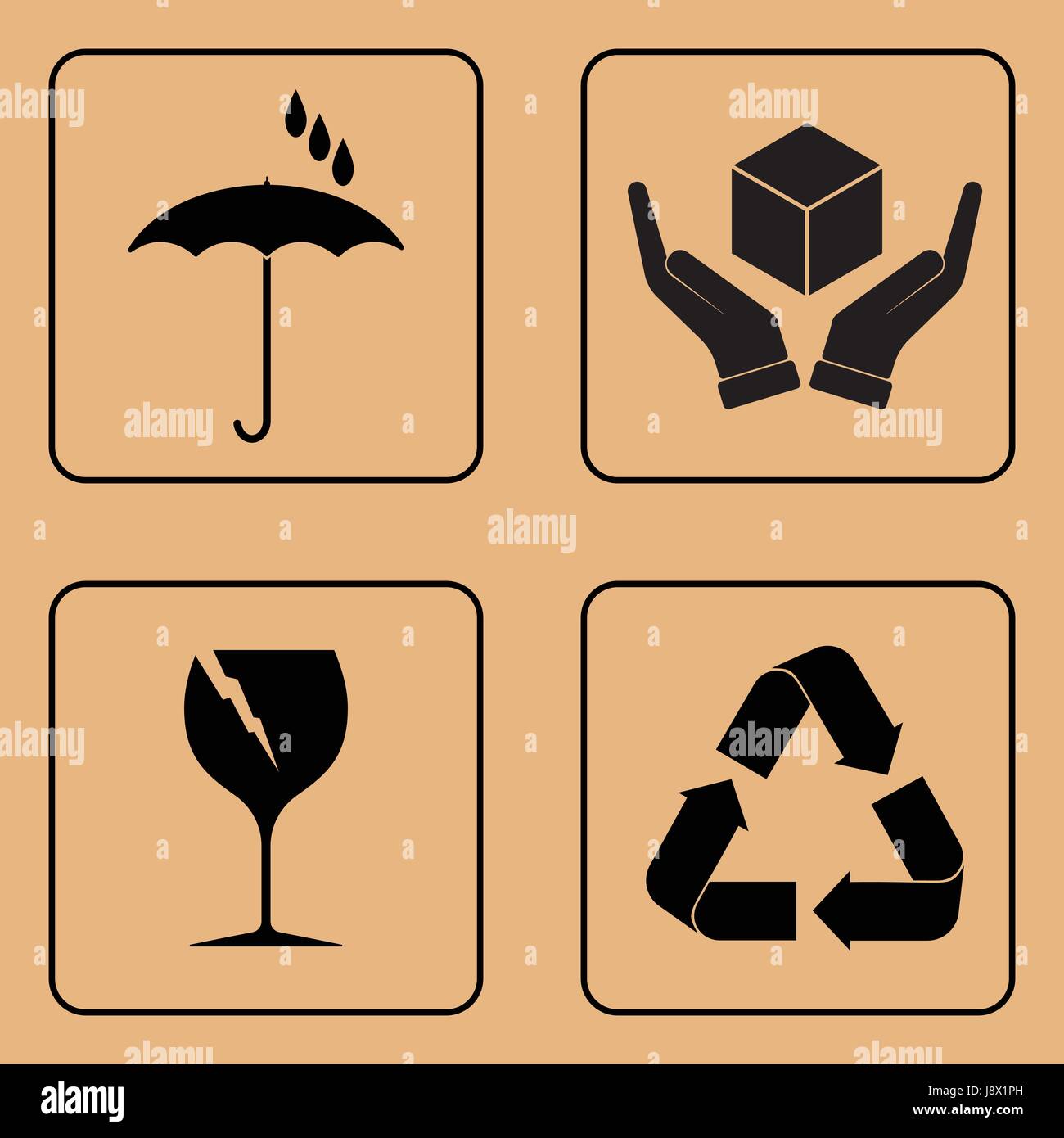 Fragile simbolo sul cartone. Set di icone fragili sul cartone. Illustrazione Vettoriale