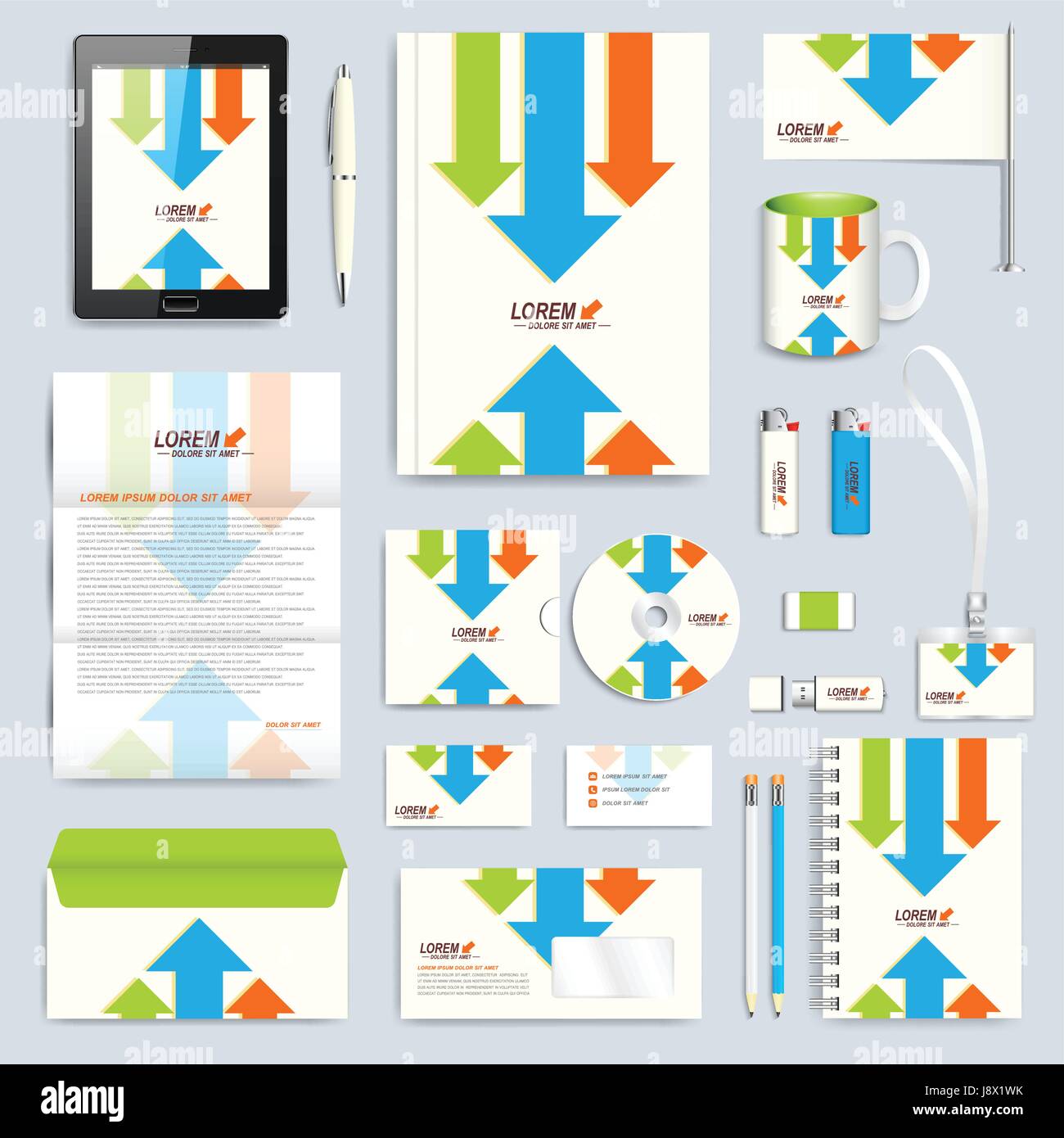 Set di vettore identità aziendale modello. Branding moderno stationery mock-up. Sfondo con frecce colorate. Business, scienze, medicina o alla progettazione della tecnologia Illustrazione Vettoriale