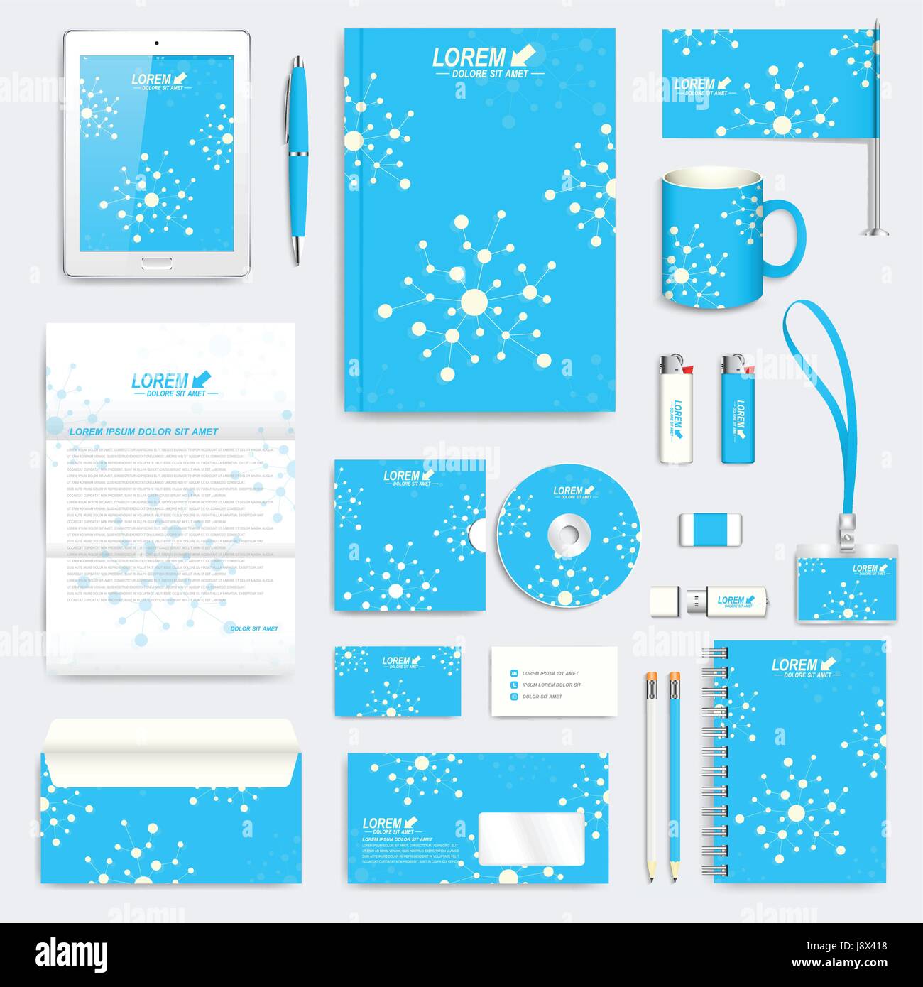 Set di blu di vettore corporate identity modello. Moderno business stationery mock-up. Medicina, la scienza, la tecnologia backgraund con molecola Illustrazione Vettoriale