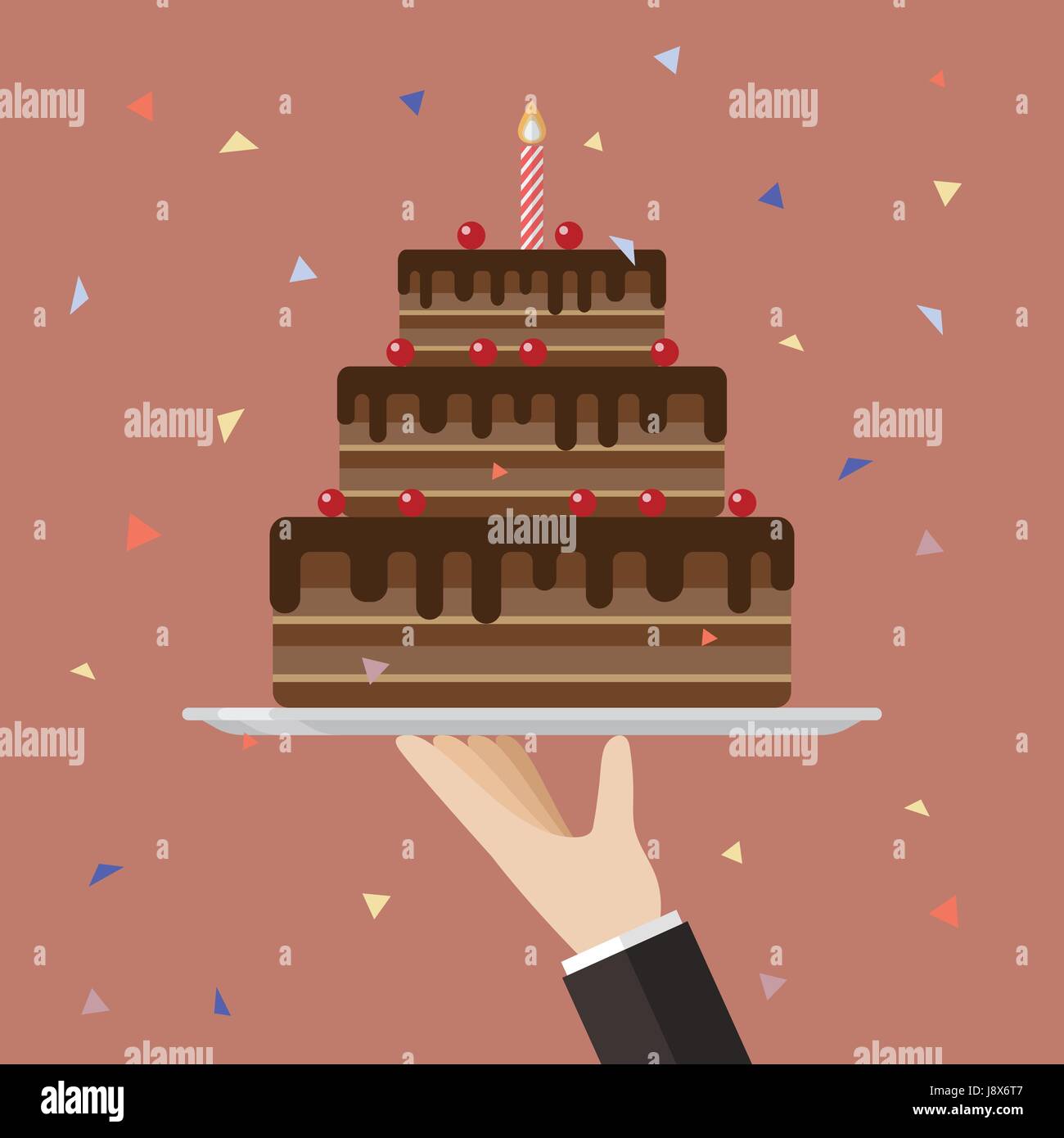Cameriere serve una torta al cioccolato. Appartamento stile design illustrazione vettoriale Illustrazione Vettoriale