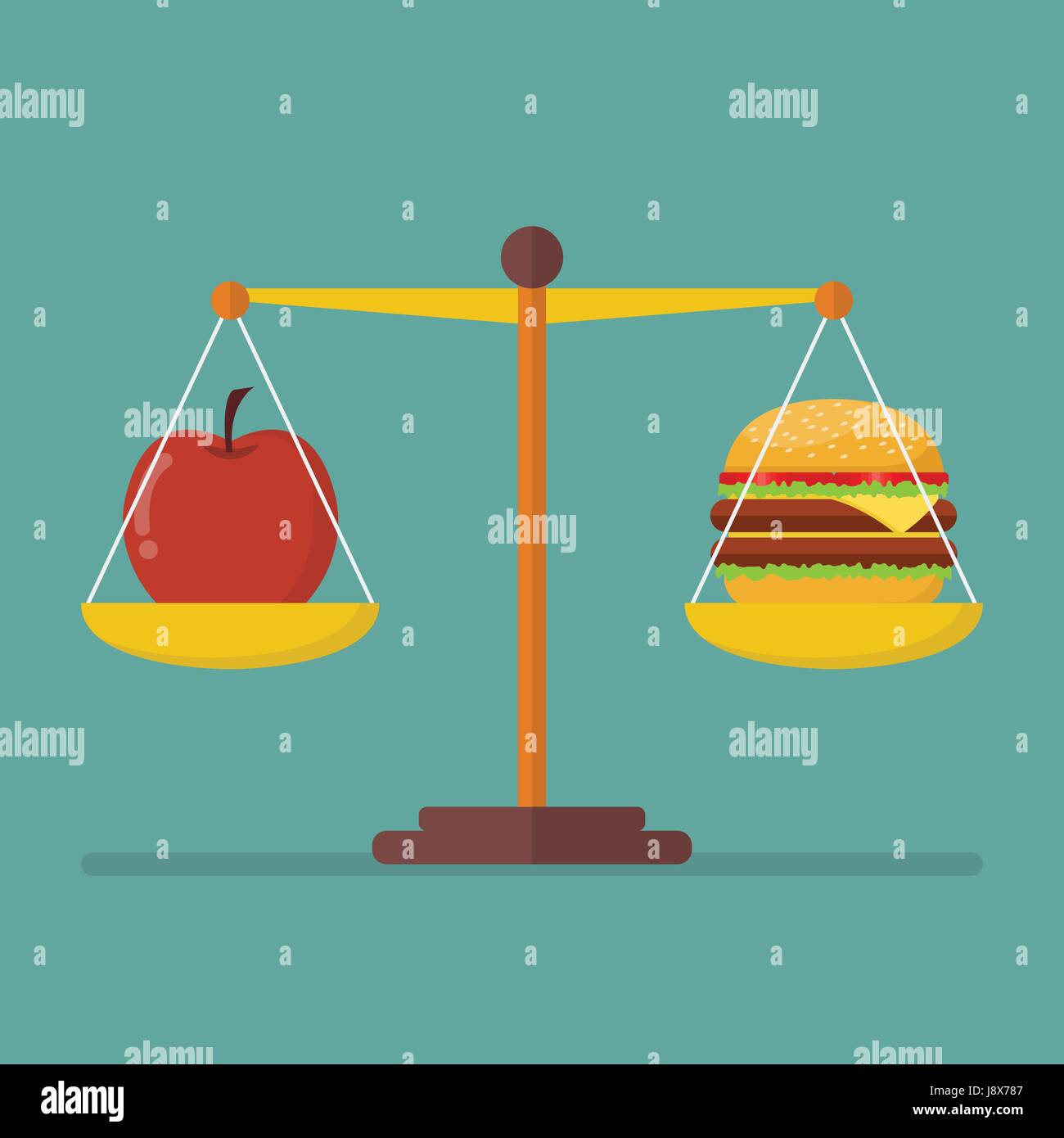 Apple e hamburger su scale. Uno stile di vita sano concetto Illustrazione Vettoriale