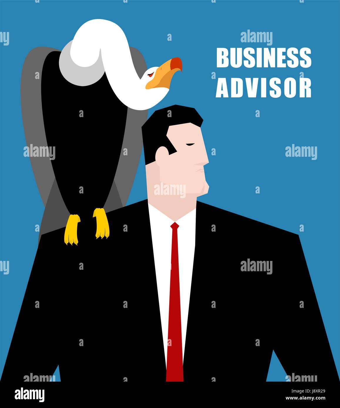 Consulente aziendale. Vulture siede sulla spalla di imprenditore. Carrion Bird suggerisce una soluzione. Il dolore e l uomo nel business suit Illustrazione Vettoriale