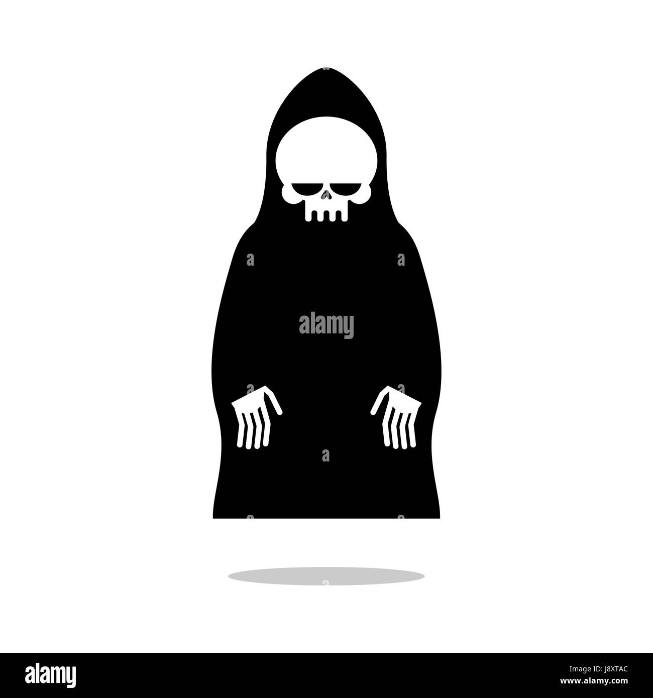Mantello di morte si libra sopra la terra. Grim Reaper in cappa nera. Carino morte mani giù. Illustrazione per Halloween. Illustrazione Vettoriale
