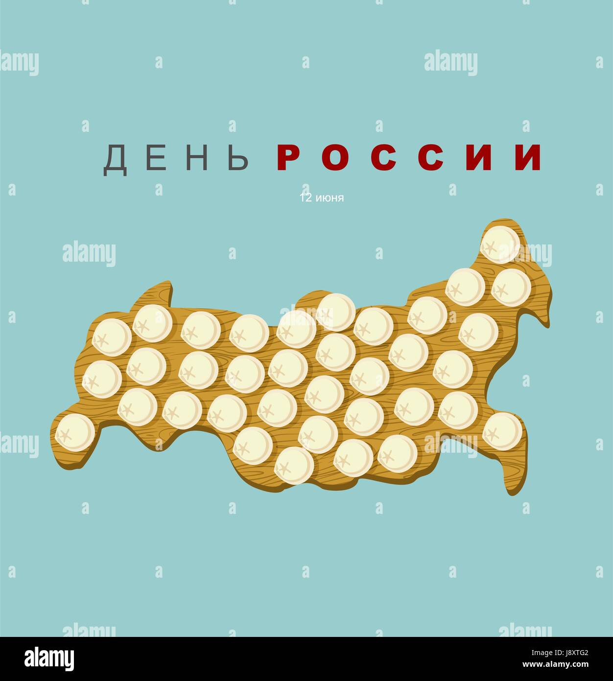 La Russia al giorno. Nazionale Patriottico vacanza su Giugno 12. Gnocchi congelati sul bordo di taglio nella forma di una mappa di Russia. Cibo preferito russi persone. Il testo i Illustrazione Vettoriale