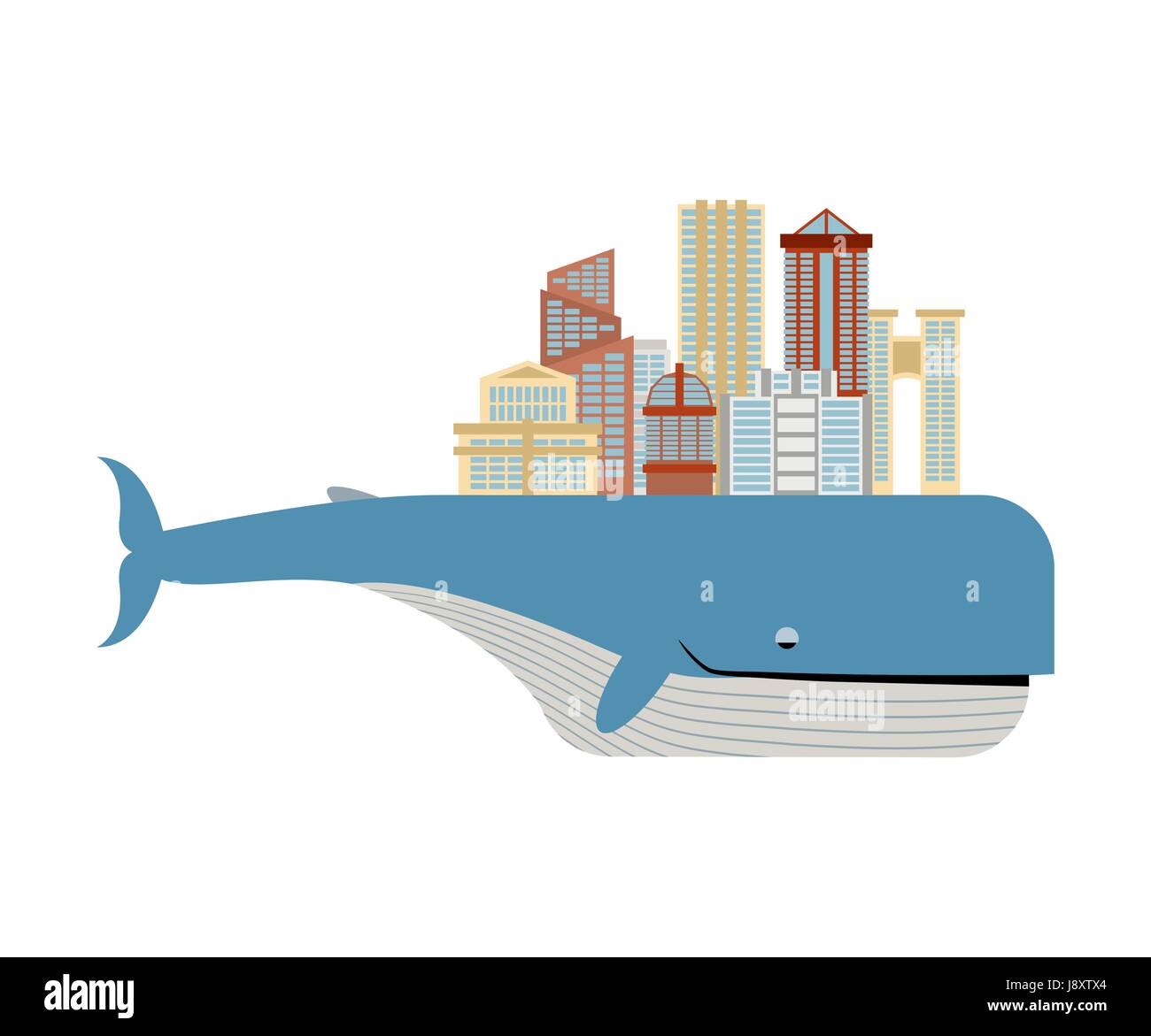 Città sul dorso di balena. La metropoli sul grande pesce. Ecologicamente puliti regione della città moderna. Grattacieli e torri, archi e moderni edifici per uffici. Illustrazione Vettoriale