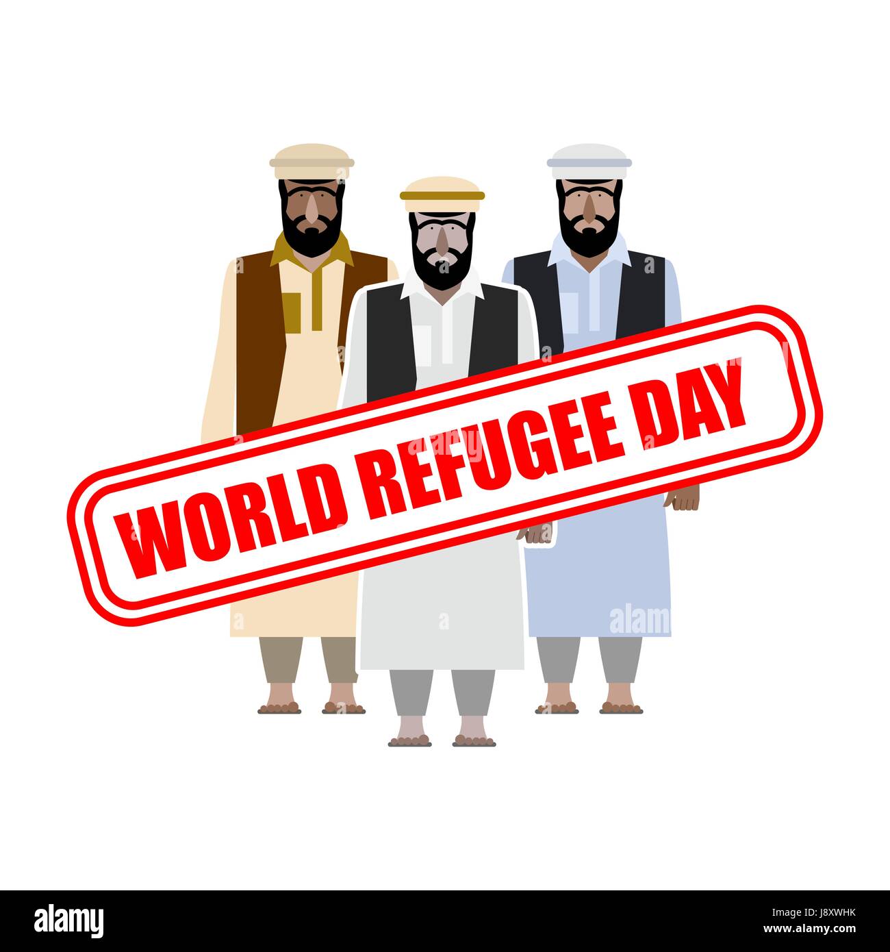 La giornata mondiale del rifugiato. Espatriati in siriano indumenti. rifugiato timbro sulla gente. Illustrazione Vettoriale