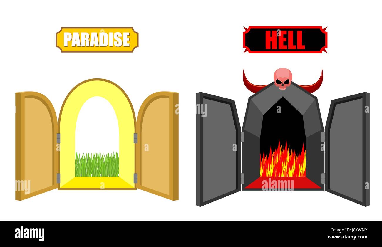 Porte dell'inferno e paradiso. Ingresso di Satana e Dio. Scary porta nera in purgatorio. Bellissime porte aperte nel paradiso dei giardini. Vector illustrat Illustrazione Vettoriale