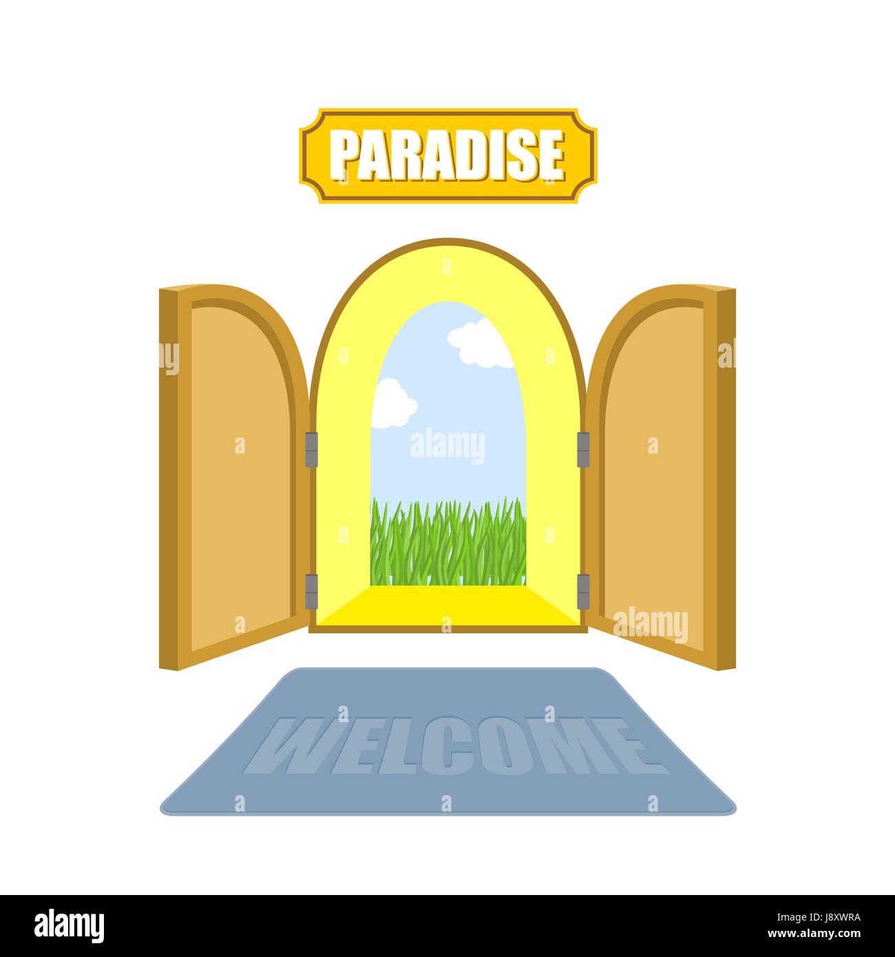 Porte del Paradiso su uno sfondo bianco. Ingresso al paradiso. Accesso a Dio. Porte aperte al giardino di Eden con il blu del cielo e il verde erba. Vector illu Illustrazione Vettoriale